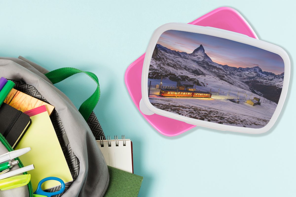MuchoWow den Bergen, Zug Erwachsene, (2-tlg), Kunststoff Kunststoff, Ein Lunchbox Mädchen, für rosa Snackbox, in beleuchteter Kinder, Brotdose Brotbox