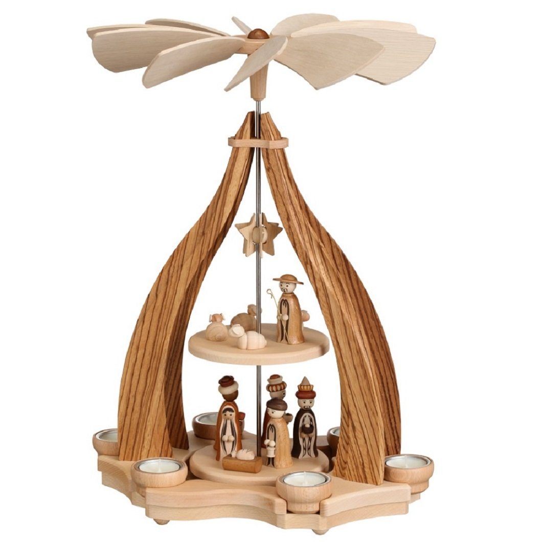 Zeidler Holzkunst Weihnachtspyramide Design Pyramide Blende Zebrano mit Christi Geburt, Handarbeit aus dem Erzgebirge