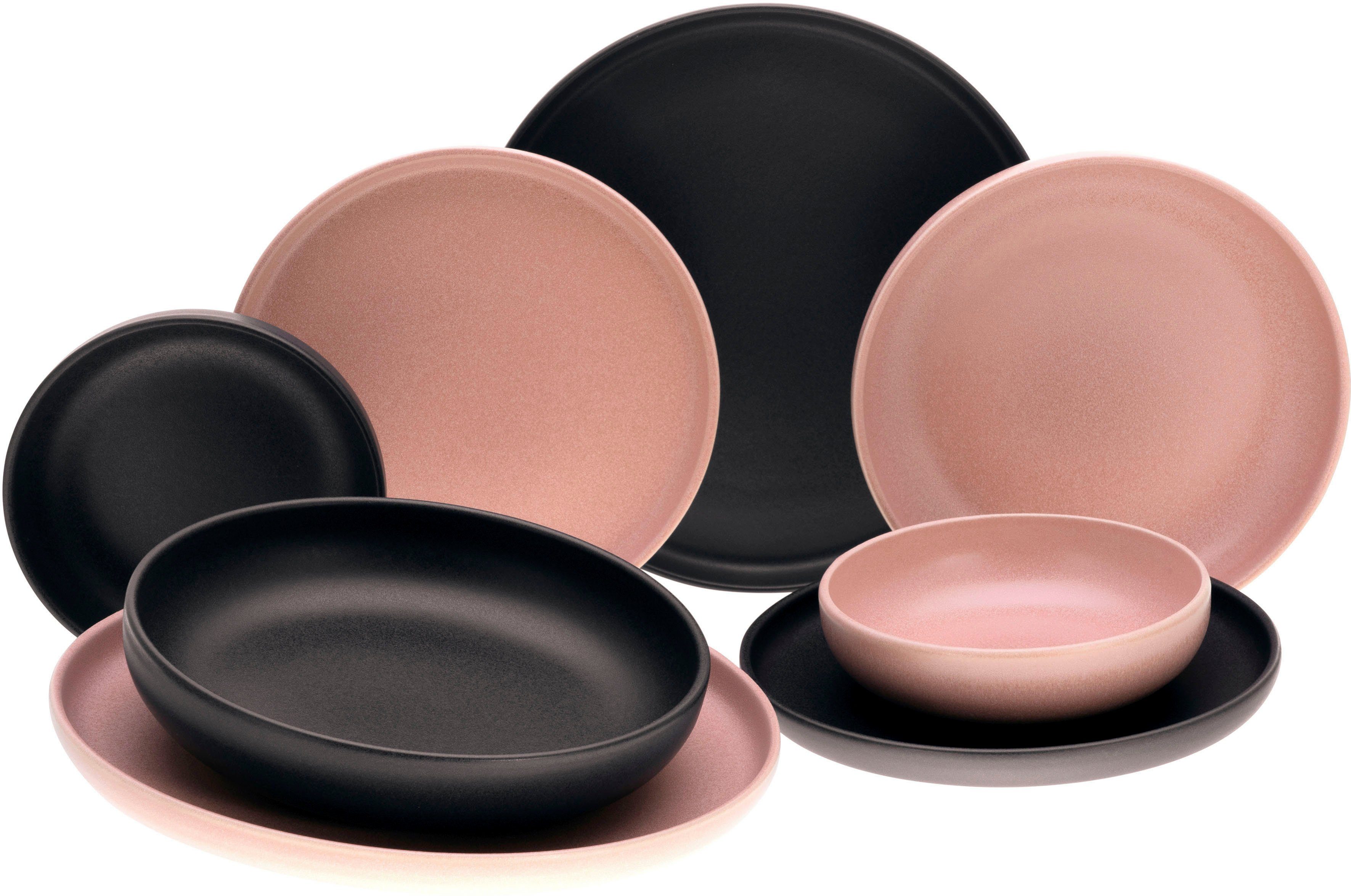 CreaTable Tafelservice Steinzeug, seidenmatte Uno Black, Personen, Rose + (8-tlg), Rusty Glasur 2