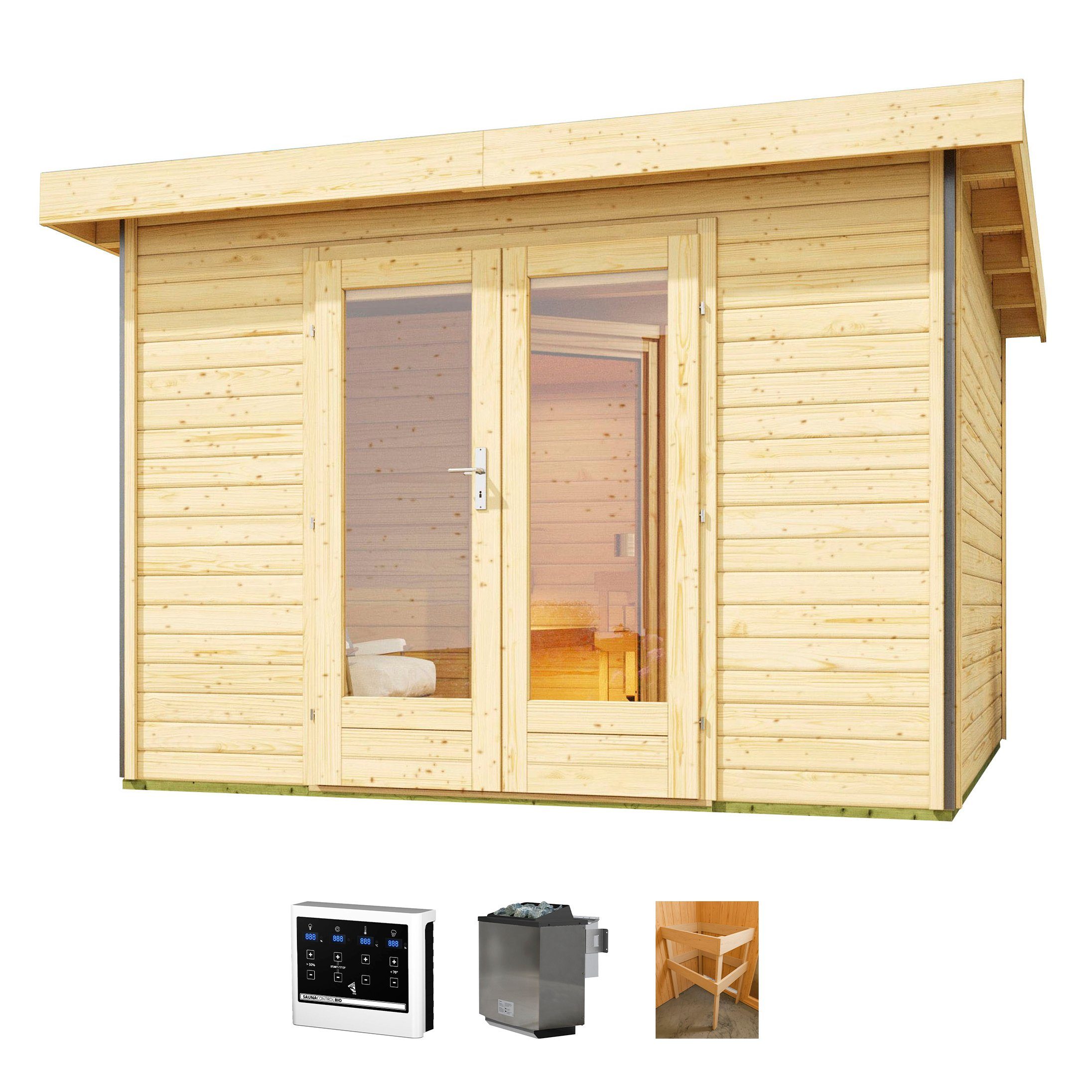 KONIFERA Saunahaus Maiko 1 SET A, BxTxH: 309 x 309 x 229,5 cm, 38 mm, Ofen 9 kW Bio externe Strg easy