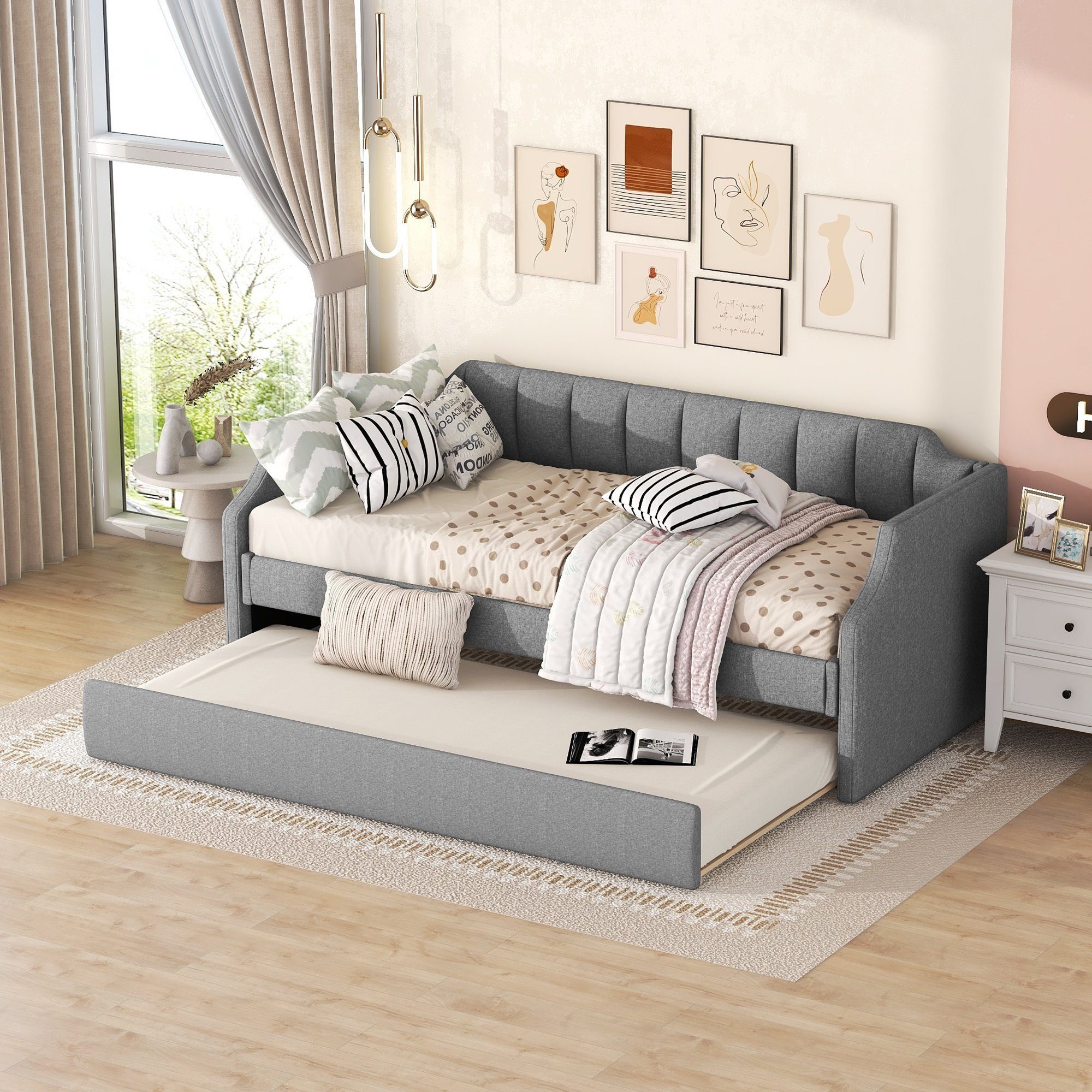 WISHDOR Einzelbett Schlafsofa, Gästebett, Funktionsbetten, ausziehhare Liegeffäche (Gepolstertes Single Daybed mit Rollbett, 90 x 200(190) cm), Ohne Matratze