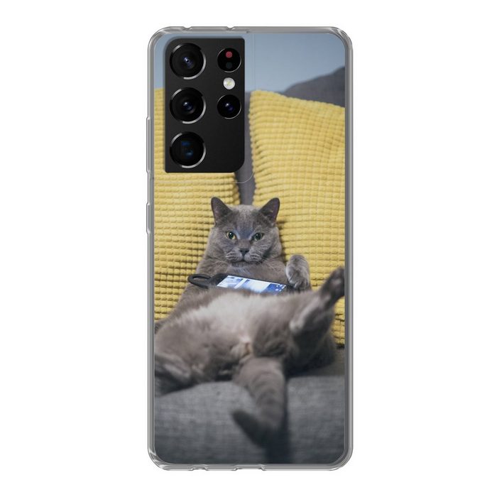 MuchoWow Handyhülle Katze - Bank - Faule Phone Case Handyhülle Samsung Galaxy S21 Ultra Silikon Schutzhülle