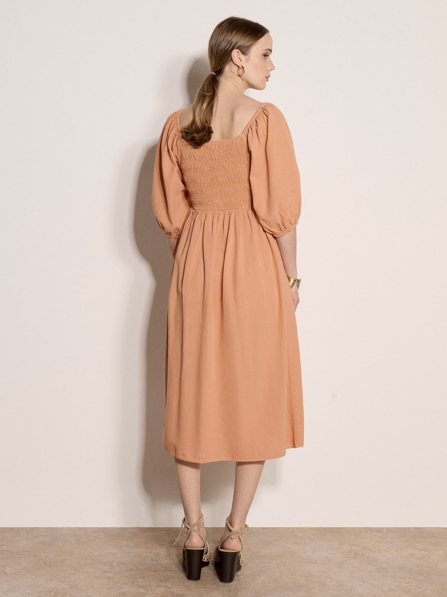 Apricot Midikleid Midi-Kleid im Milchmädchen-Stil mit Rüschen Gerafft