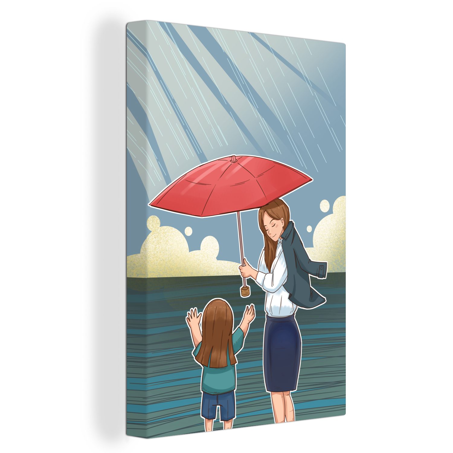 OneMillionCanvasses® Leinwandbild Muttertag Illustration von Tochter und Mutter mit Regenschirm im Regen, (1 St), Leinwandbild fertig bespannt inkl. Zackenaufhänger, Gemälde, 20x30 cm