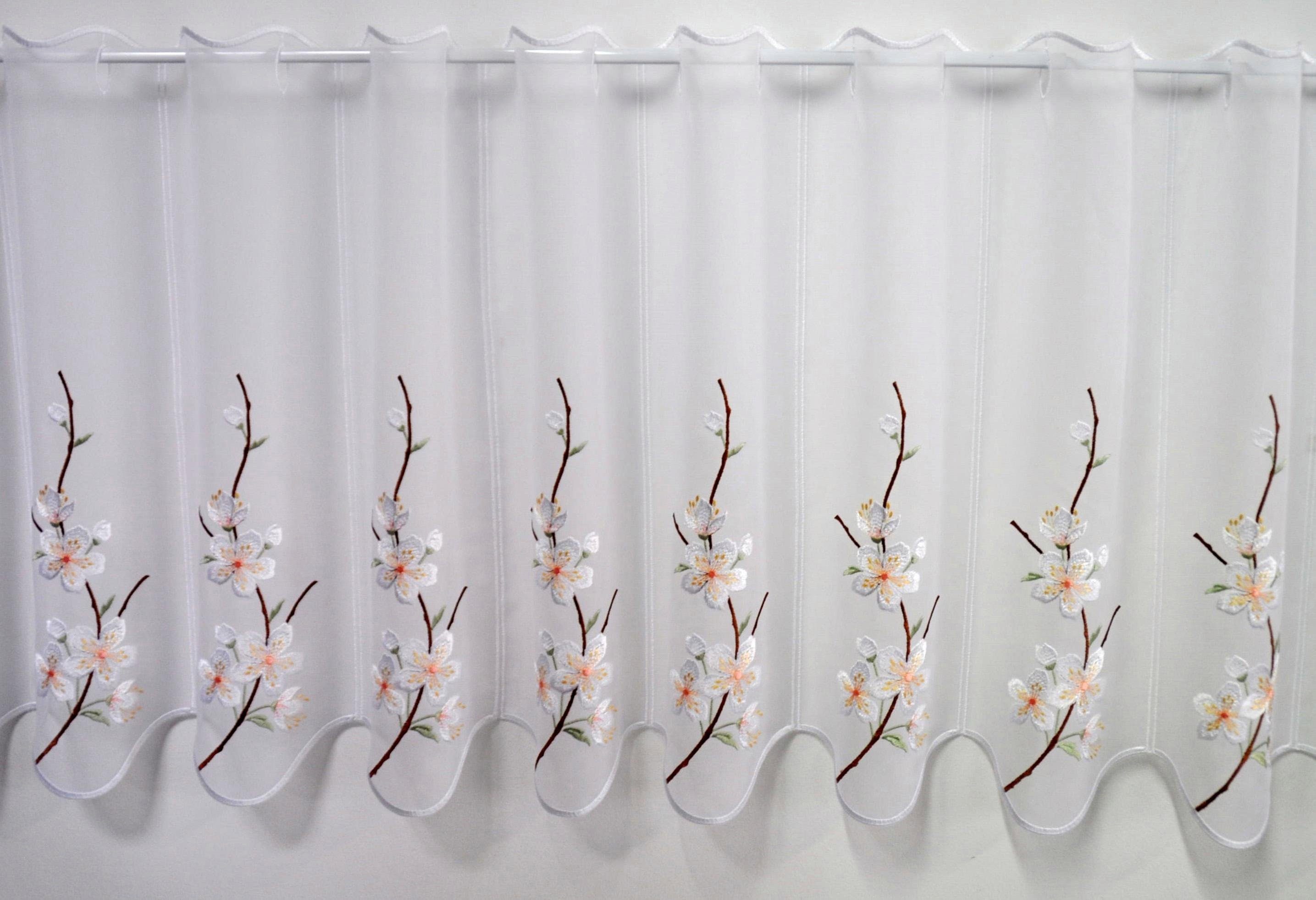 Scheibengardine Kirschblüte, Stickereien transparent, (1 St), Voile Plauen, Stangendurchzug