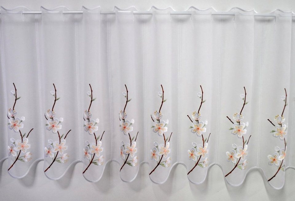 Scheibengardine Kirschblüte, Stickereien Plauen, Stangendurchzug (1 St),  transparent, Voile