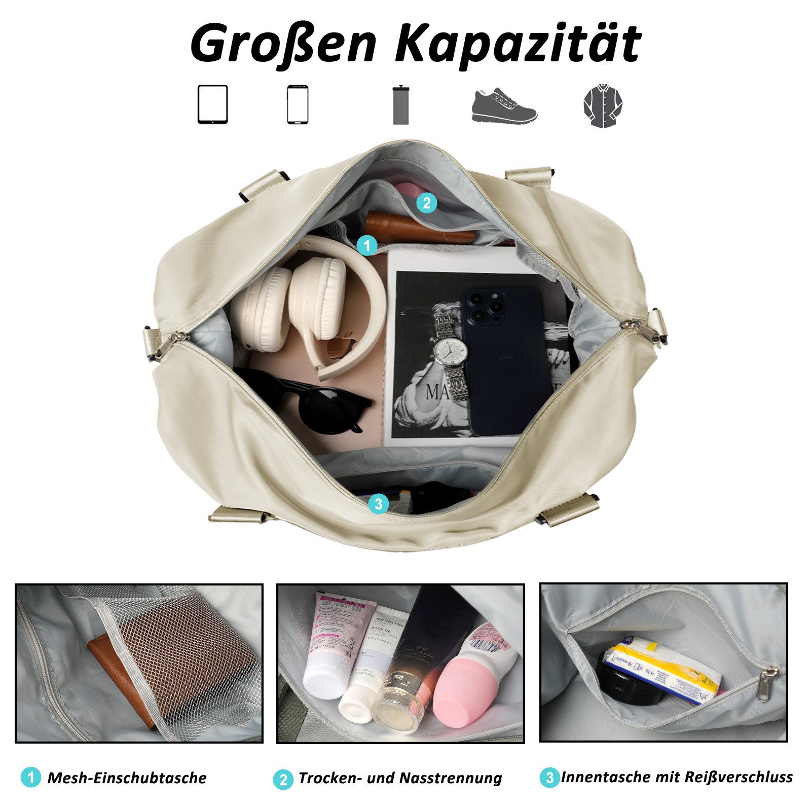 TAN.TOMI Reisetasche Wasserdichter Reise-Seesack - Tragetasche, Sporttasche, Schultertasche (Erweiterbar mit Trolley-Ärmel und Nasstasche), Wochenendtasche für Damen und Herren - Krankenhaus-Tasche