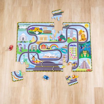 Melissa & Doug Puzzle Bodenpuzzle mit Schienen und aufziehbaren Fahrzeuge 48 Teile, 48 Puzzleteile, Rennstrecke