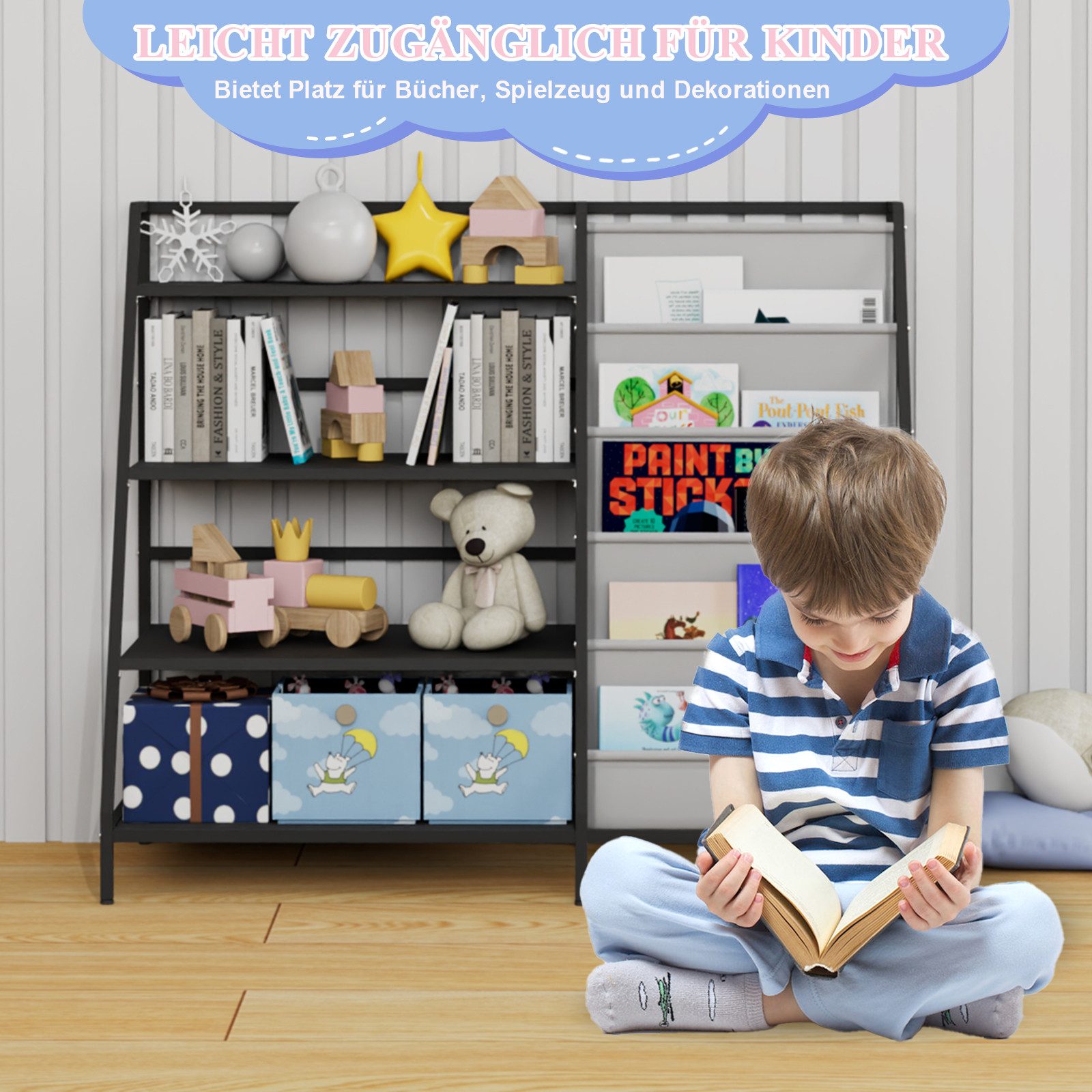 radelldar Kinderregal Bücherregal, mit 4 Fächern & 5 Taschen, Metall, 90x40 günstig online kaufen