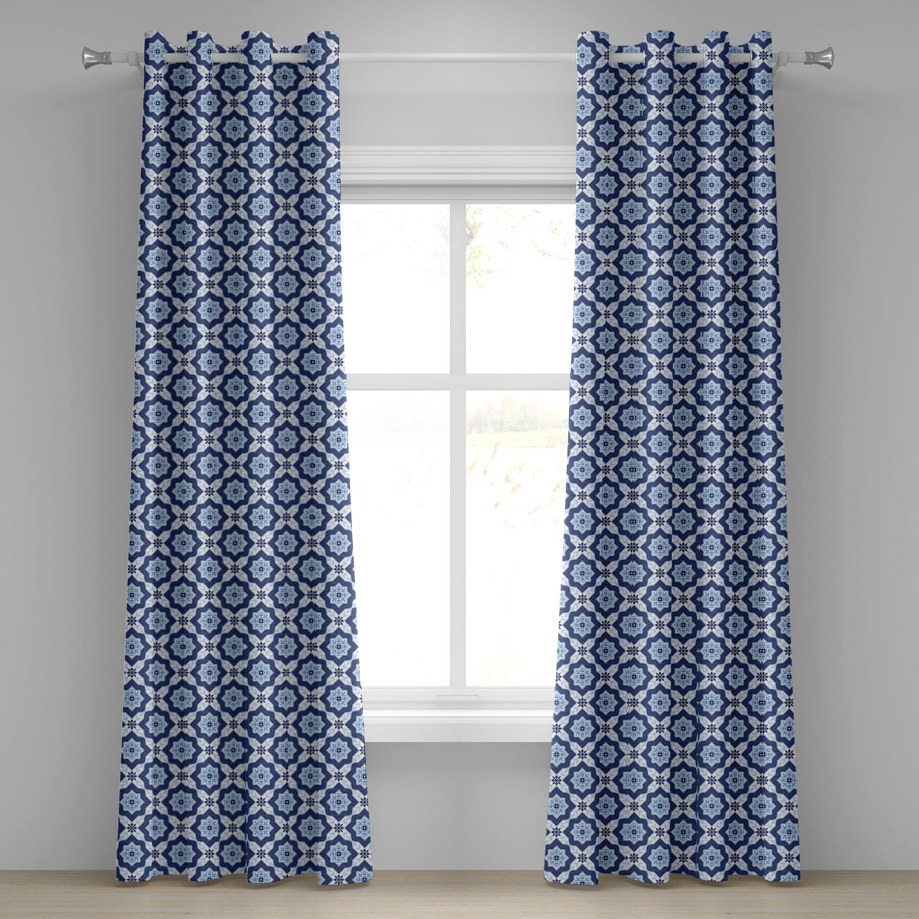 Gardine für 2-Panel-Fenstervorhänge Portugiesisch Blau Azulejo Dekorative Schlafzimmer Wohnzimmer, Abakuhaus, Pattern