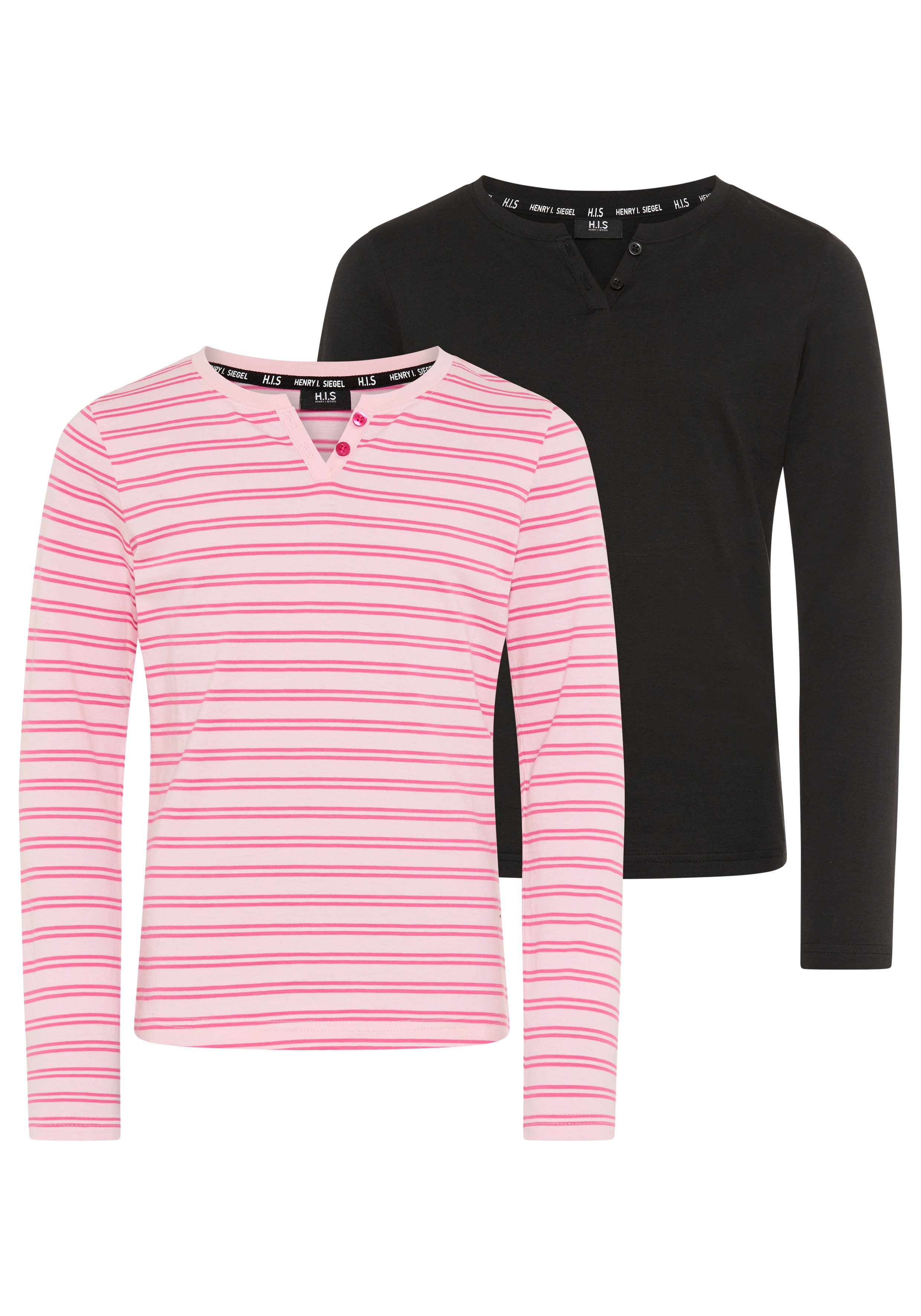 H.I.S Langarmshirt 2er Pack Shirts 1x uni + 1x geringelt (Packung, 2-tlg., 2) für Mädchen, Langarm, mit Rundhalsausschnitt und Knopfleiste. € 29,99, (€ 15,00 pro 1 Stk).