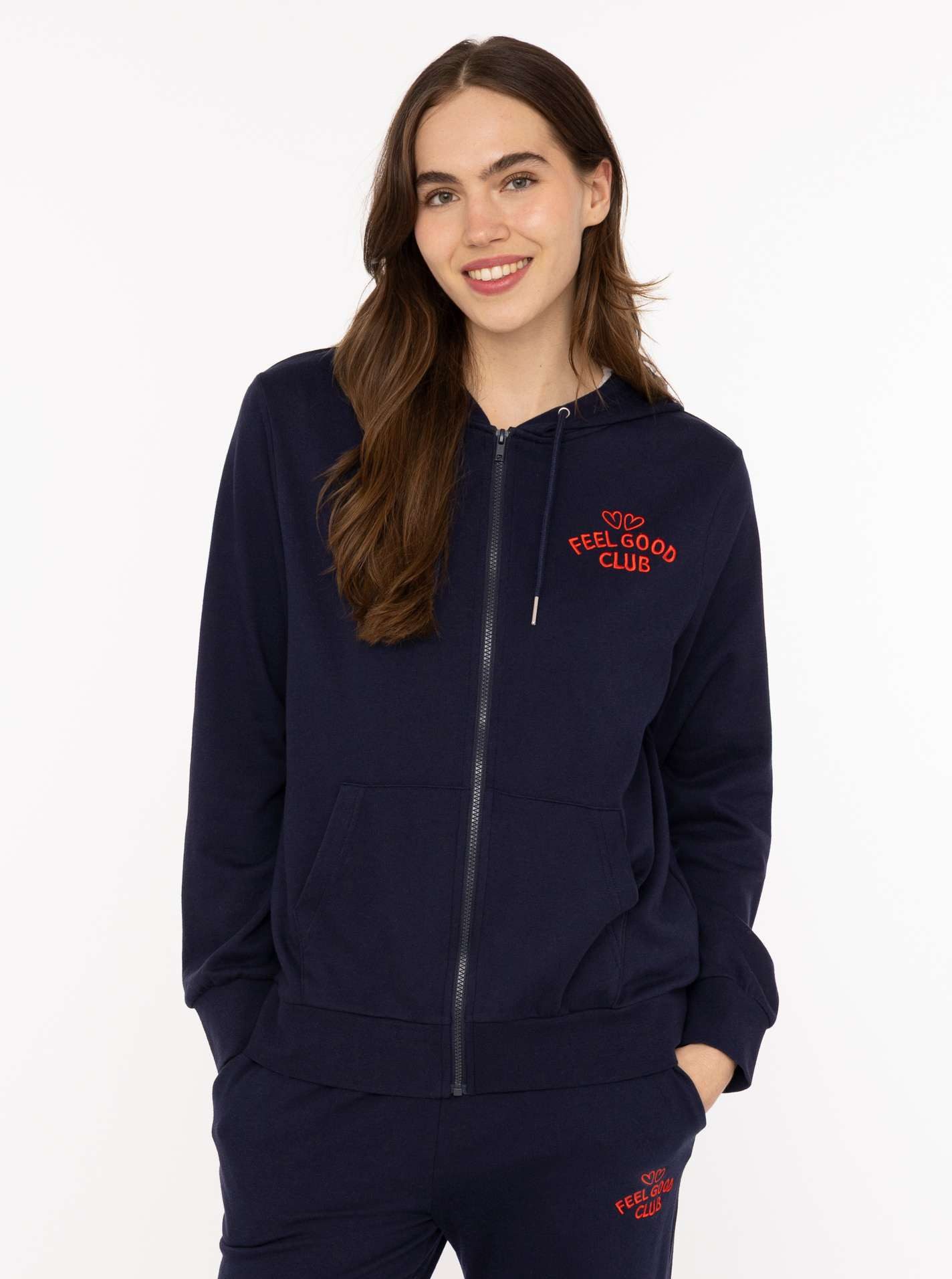 Zwillingsherz Kapuzensweatjacke "Feel Good Club" Kapuze, zum Binden, Taschen, kleine Stickerei vorne