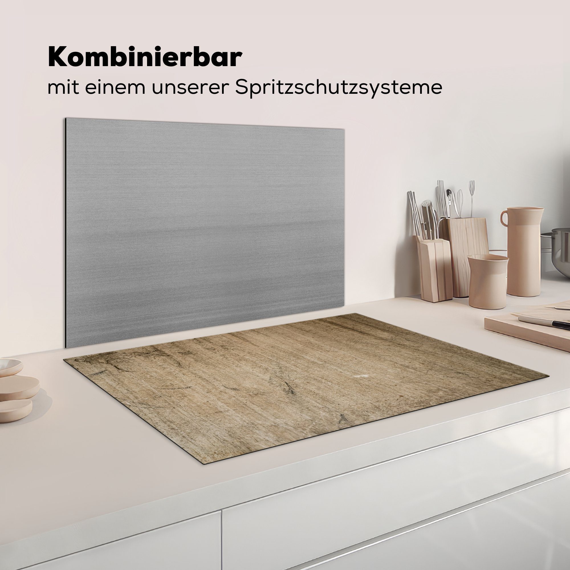 die cm, - Schutz Herdblende-/Abdeckplatte Wand (1 tlg), Induktionskochfeld Beige - Vinyl, - Textur, für Ceranfeldabdeckung MuchoWow küche, Schwarz 81x52