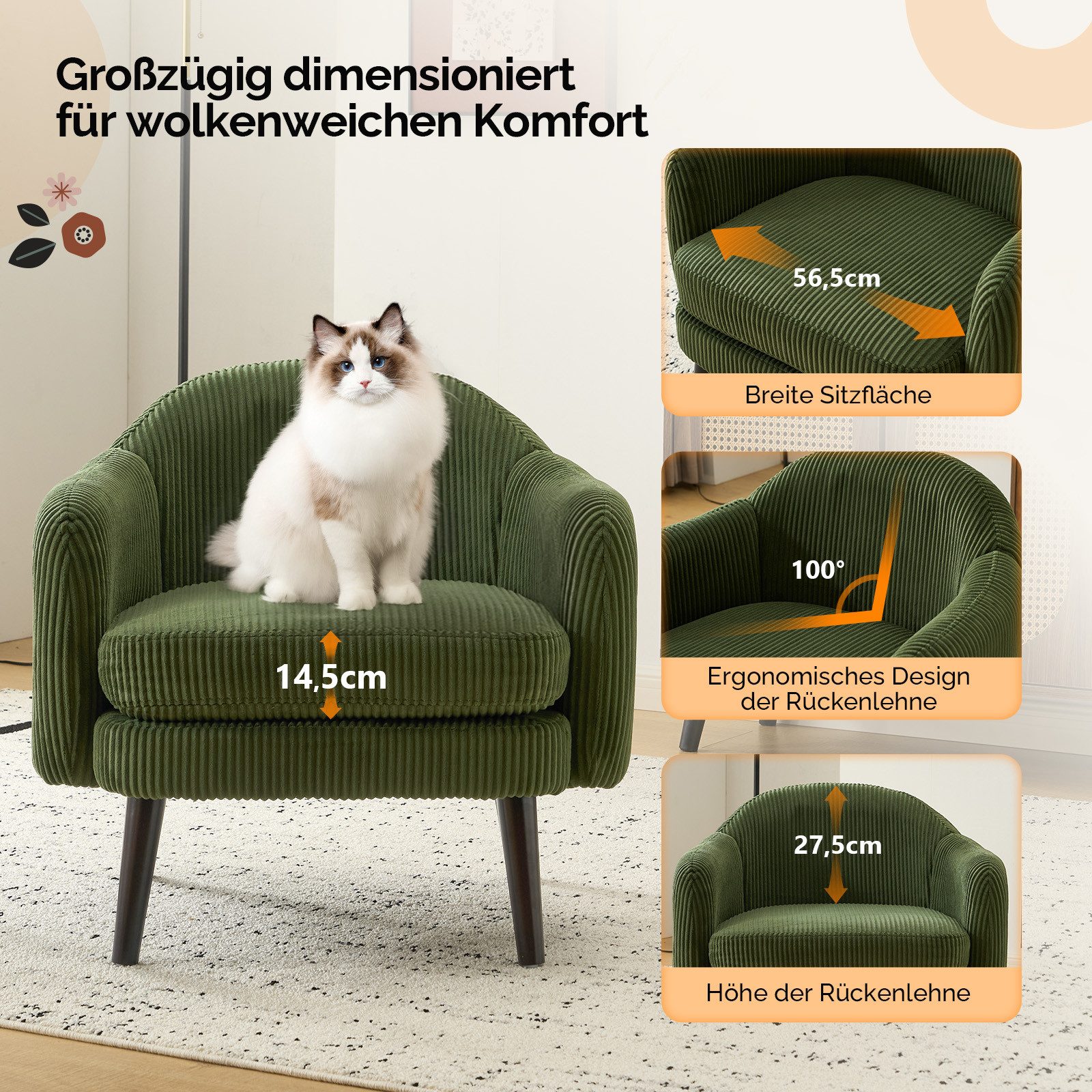 VINGLI Ohrensessel Cocktailsessel aus Cord, Moderner Loungesessel für Wohnzimmer, Holzbeine, Abnehmbares Sitzkissen & Armlehnen – Bild 3 von 5