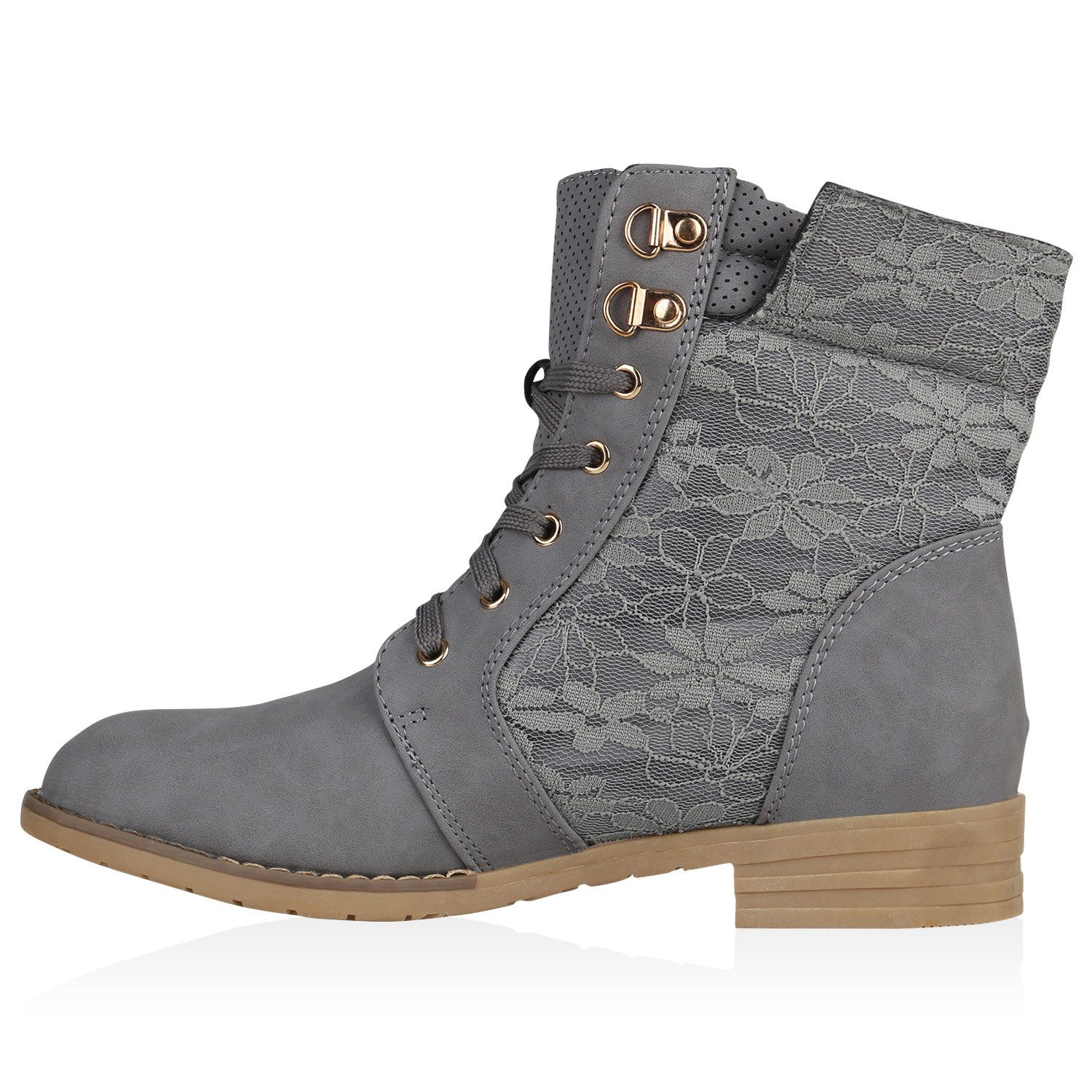 VAN HILL 815442 Schnürstiefelette Damen Schnürstiefeletten Spitze Stiefeletten Zipper Worker Boot