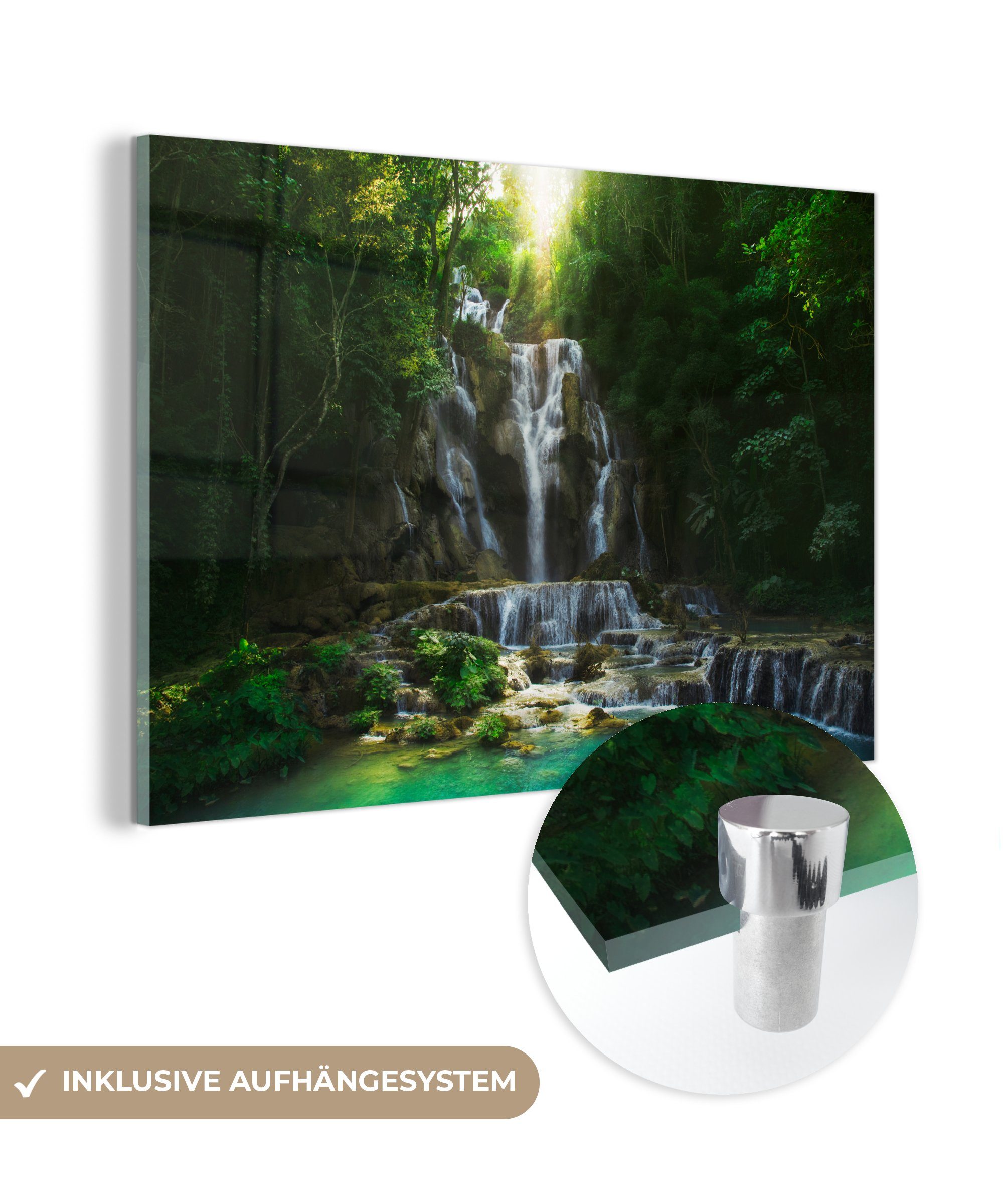 MuchoWow Acrylglasbild Wasserfall - Sonne - Bäume, (1 St), Acrylglasbilder Wohnzimmer & Schlafzimmer