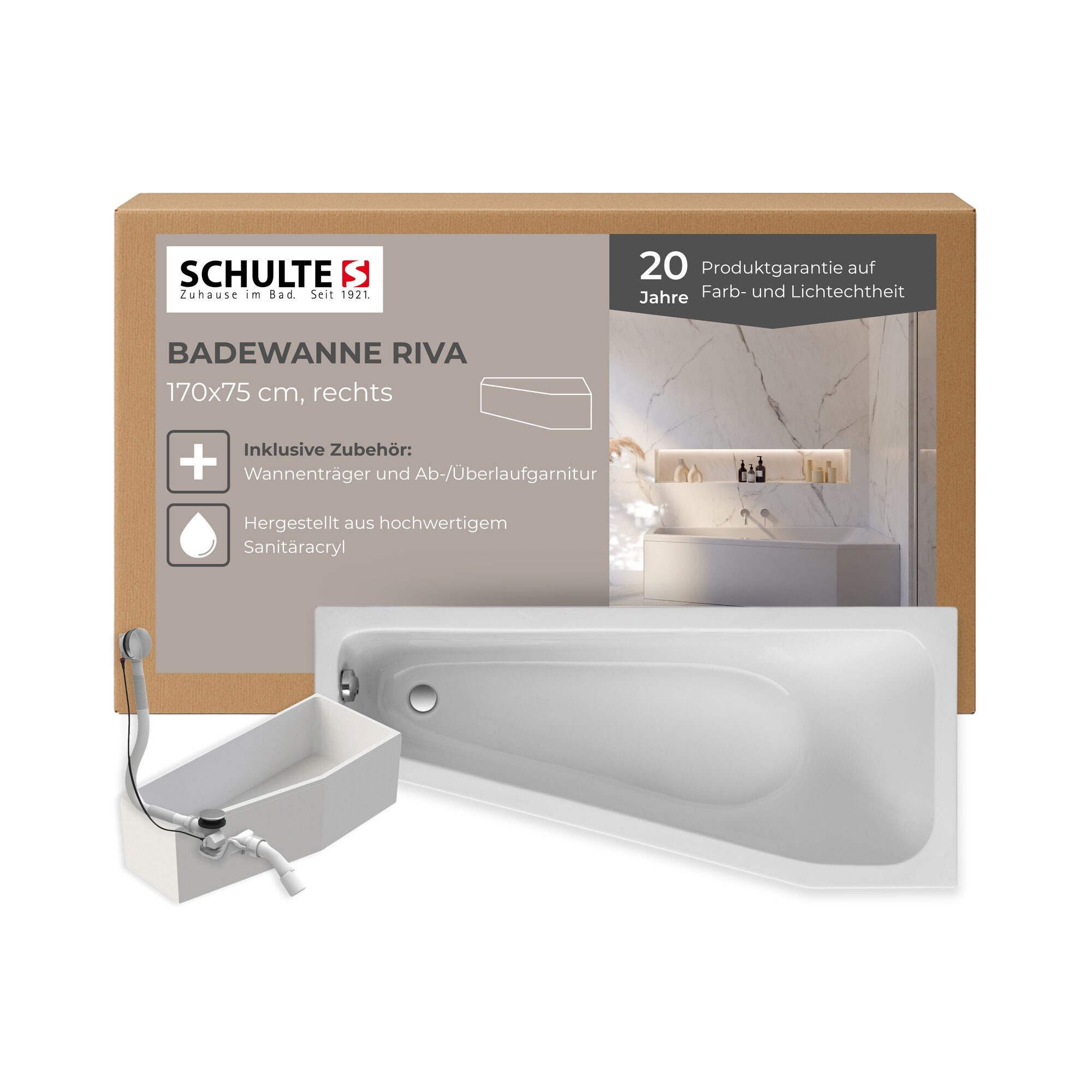 Schulte Badewanne Riva, asymmetrische Form, Sanitäracryl, Weiß, (Komplett-Set, inkl. Wannenträger und Ablauf), Version rechts, 170x75 cm