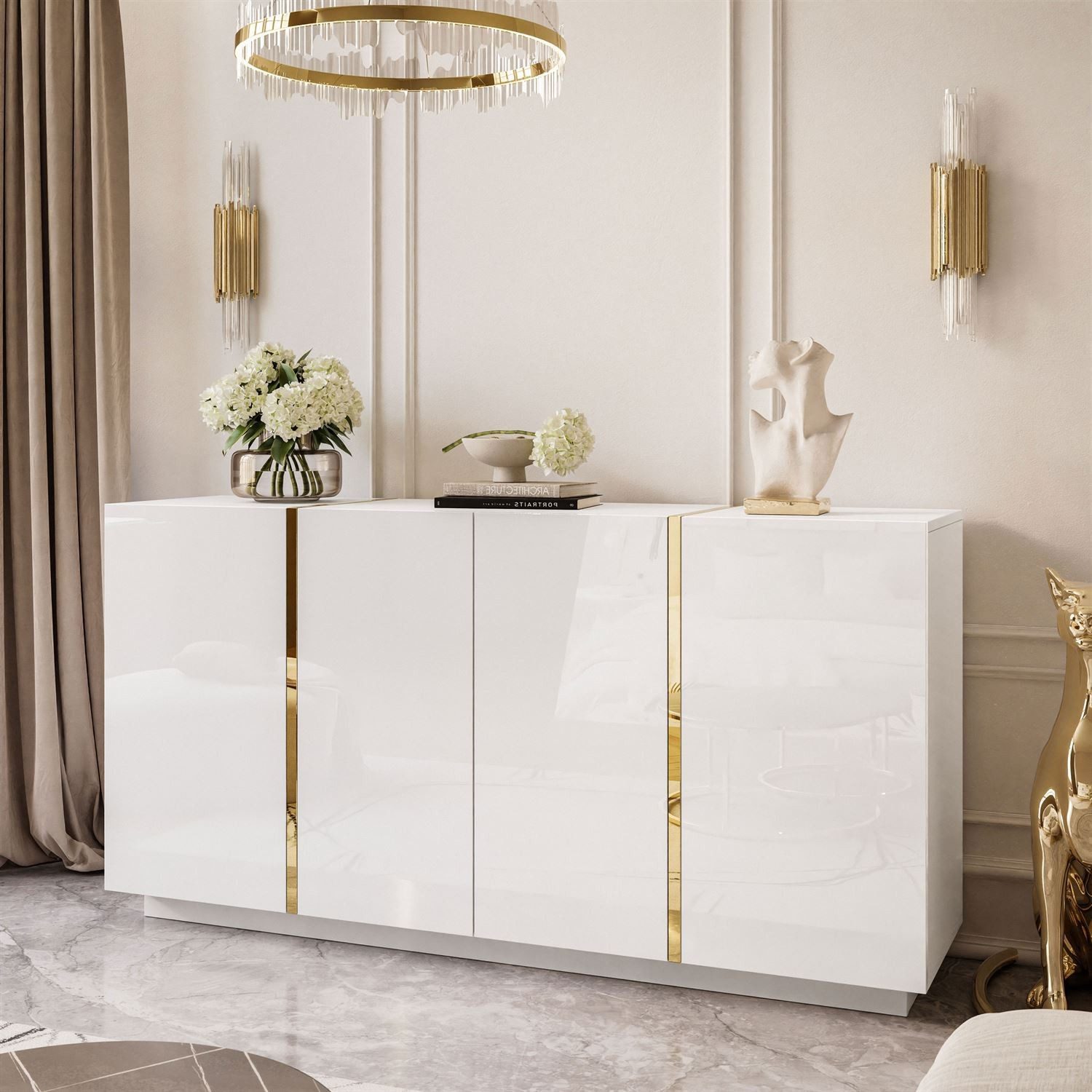 ALLHOUSE24 Kommode DIAMANT GOLD Hochglanz 158 cm Sideboard weiß, schwarz oder kaschmir (1x Kommode), Breite 158 cm
