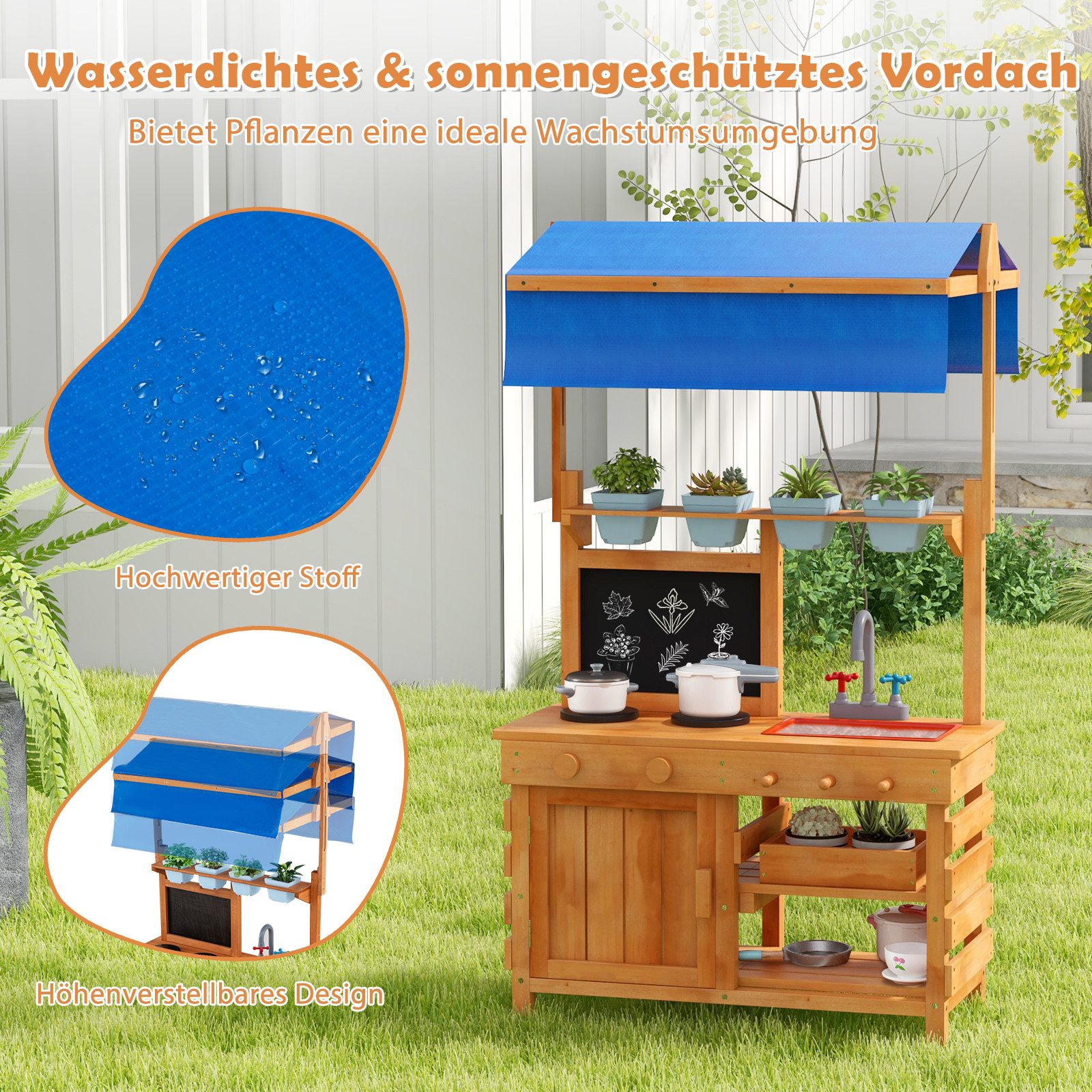 KOMFOTTEU Outdoor-Spielküche, Matschküche aus Tannenholz mit verstellbarem Baldachin
