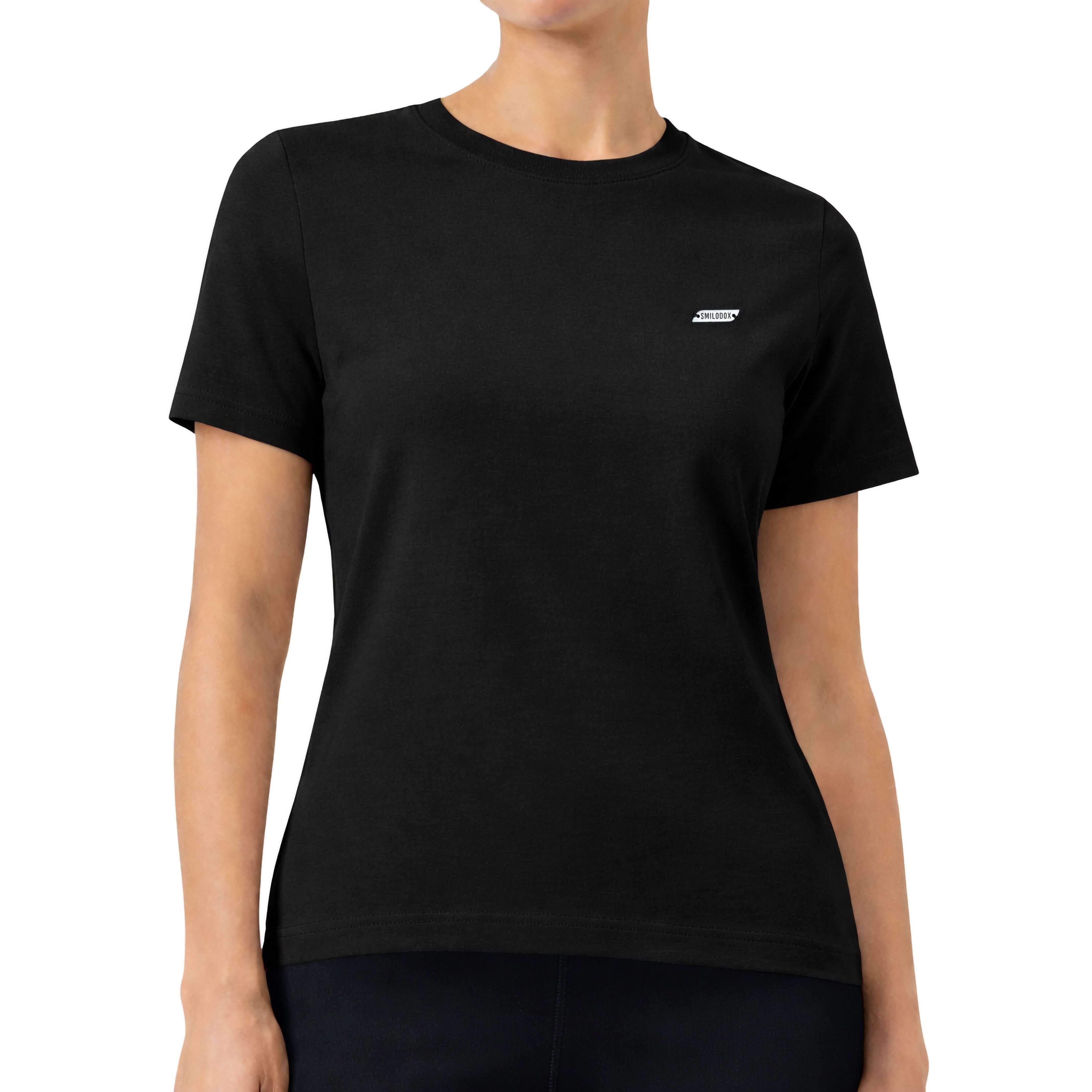Smilodox T-Shirt Laurena, Schlichtes Shirt, graviertes Metallabel, Weiches Material Kurzarmshirt mit modernem Detail Alltag Freizeit Sport