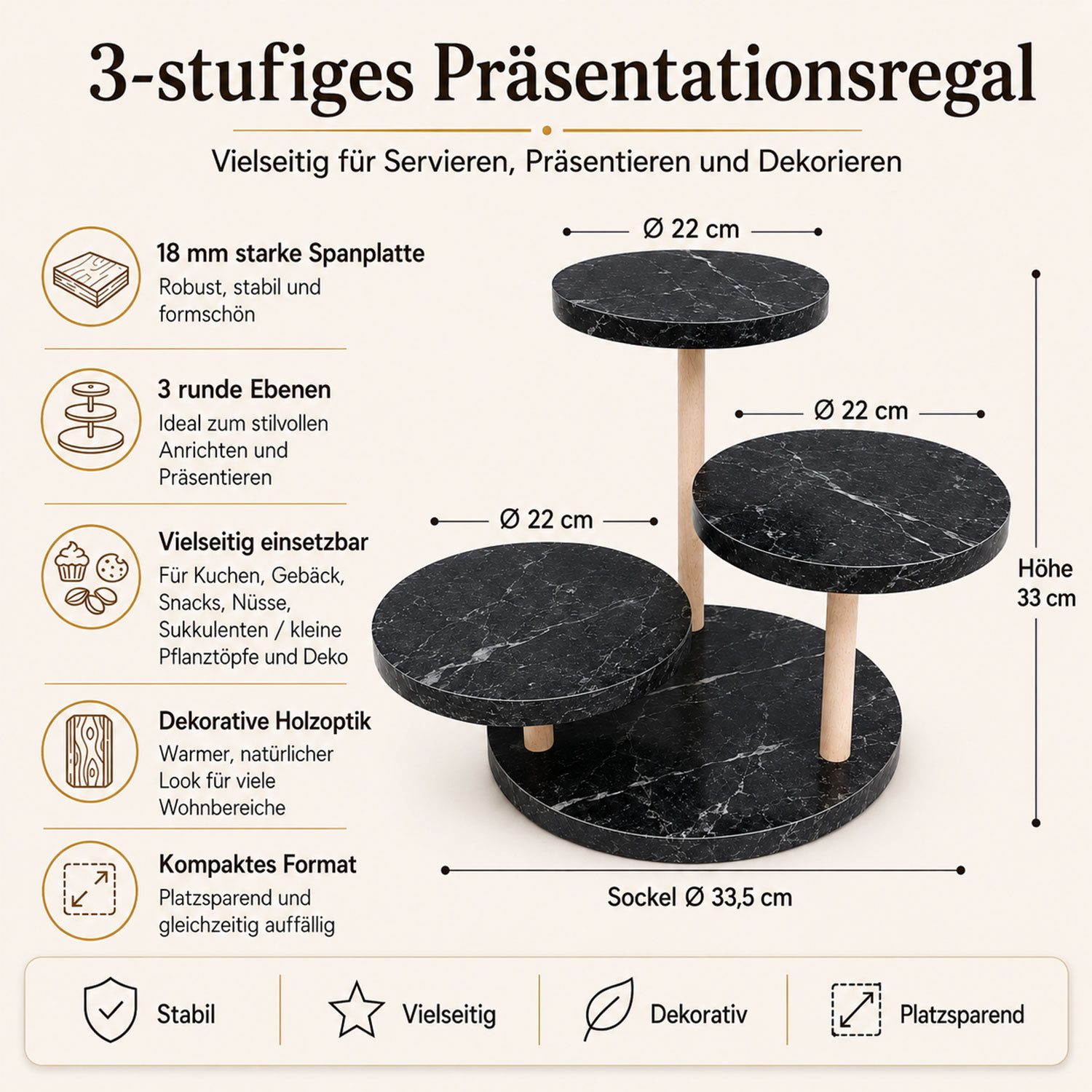 Jungengel Blumenständer 3-in-1 Standregal Blumenregal Tortenständer Servieretagere Cupcake (Einzelartikel, 3 Ebenen mit Holzsäulen und werkzeuglosem Drehsystem) – Bild 5 von 5