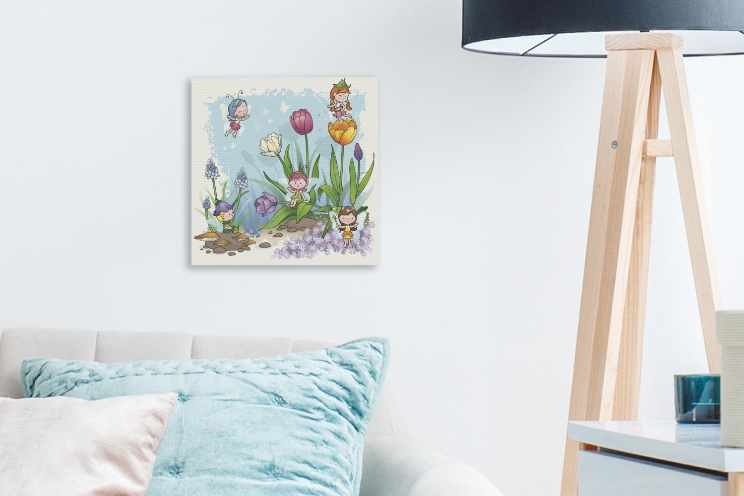 OneMillionCanvasses® Leinwandbild Eine Illustration Tulpen, Feen mit von Leinwand für Märchenwelt ihrer St), (1 in Bilder Wohnzimmer Schlafzimmer