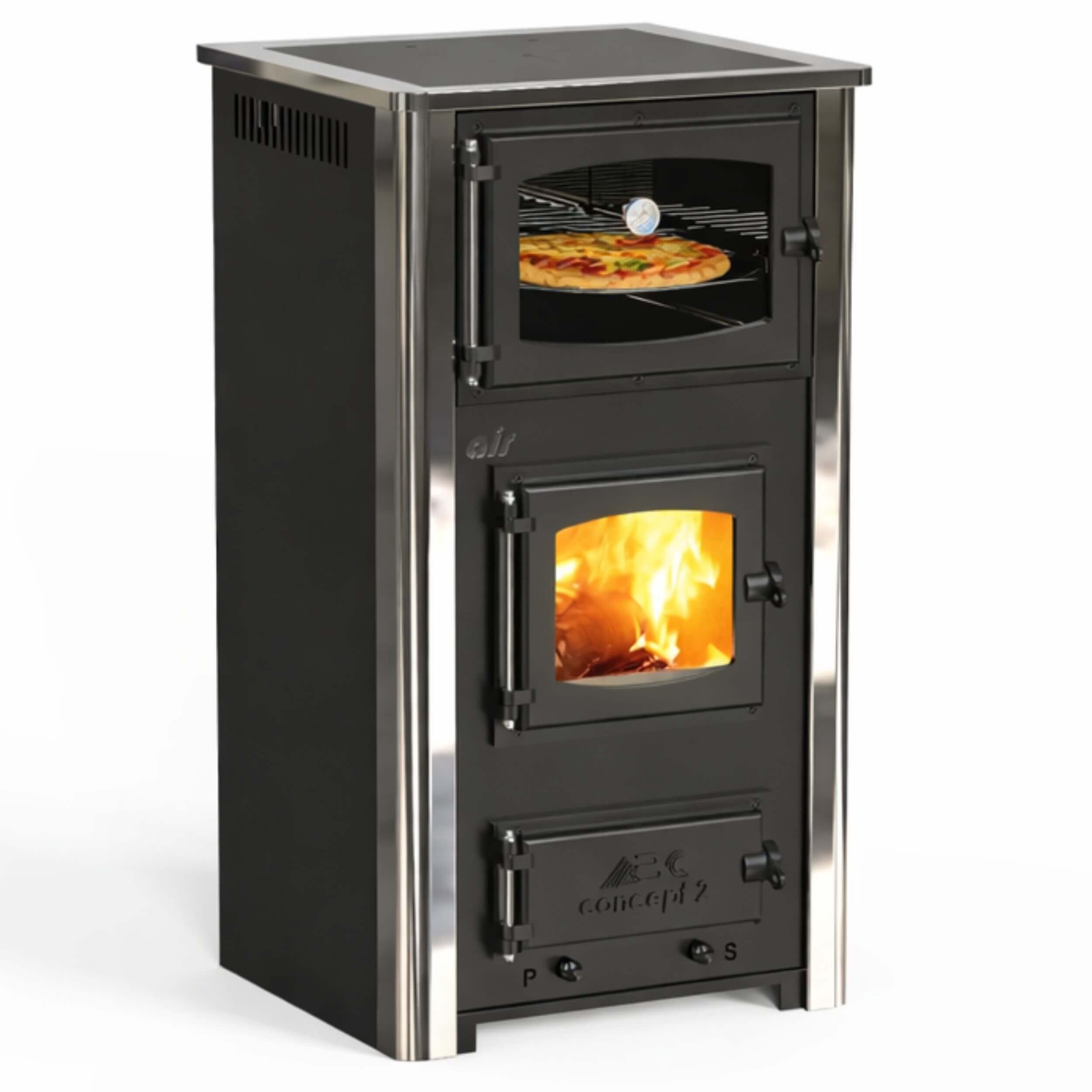 ABC Proizvod Kaminofen Dauerbrand mit Backfach, Dauerbrand, Mehrfachbelegung, (Erfüllt die BImSchV- Stufe 2), Wohnzimmer Modern Backofen zum Kochen