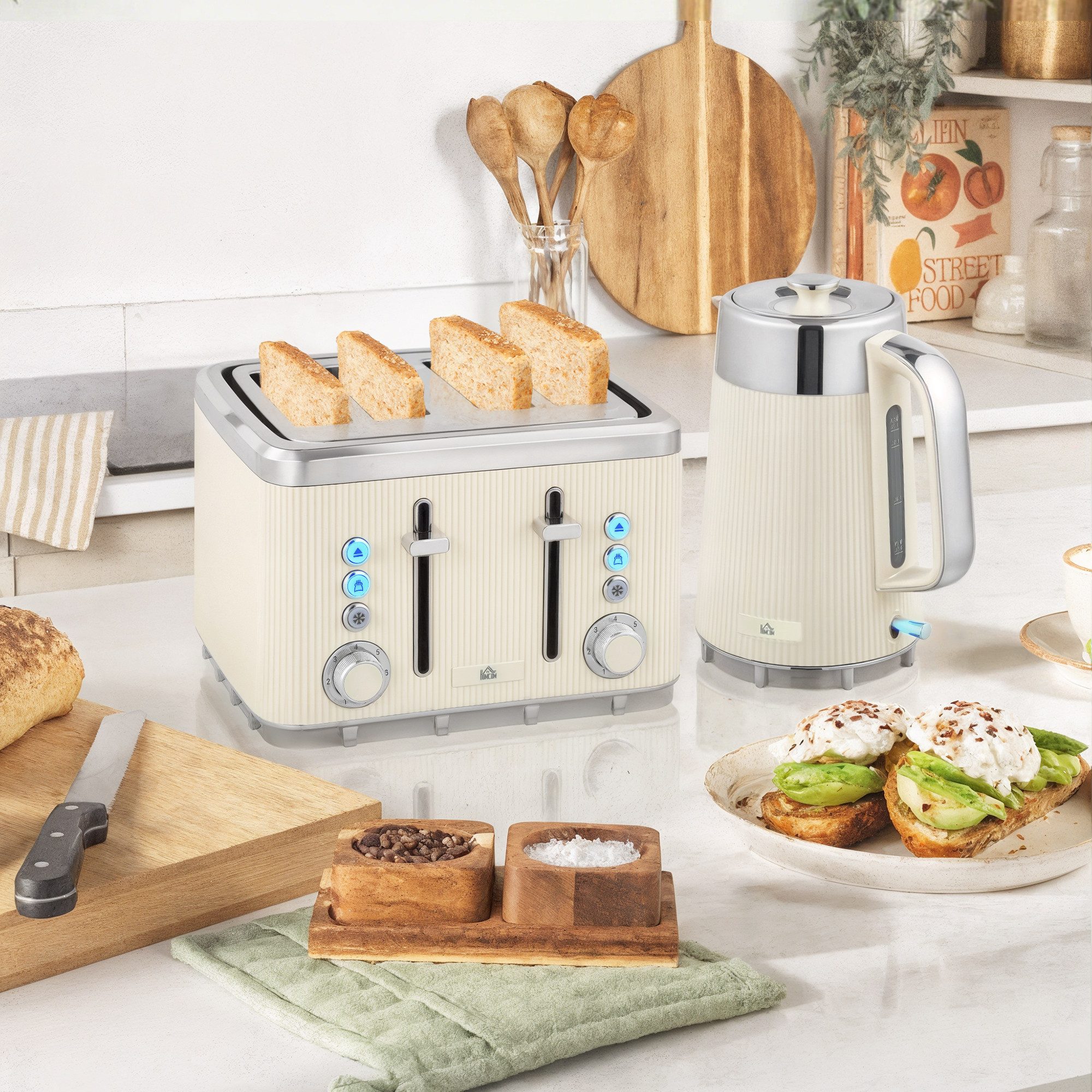 HOMCOM Frühstücks-Set schnell Wasserkocher mit Warmhaltefunktion, Edelstahl-Innenraum (2-tlg), 4 Scheiben Toaster mit 7 Bräunungsstufen, Kalkfilter