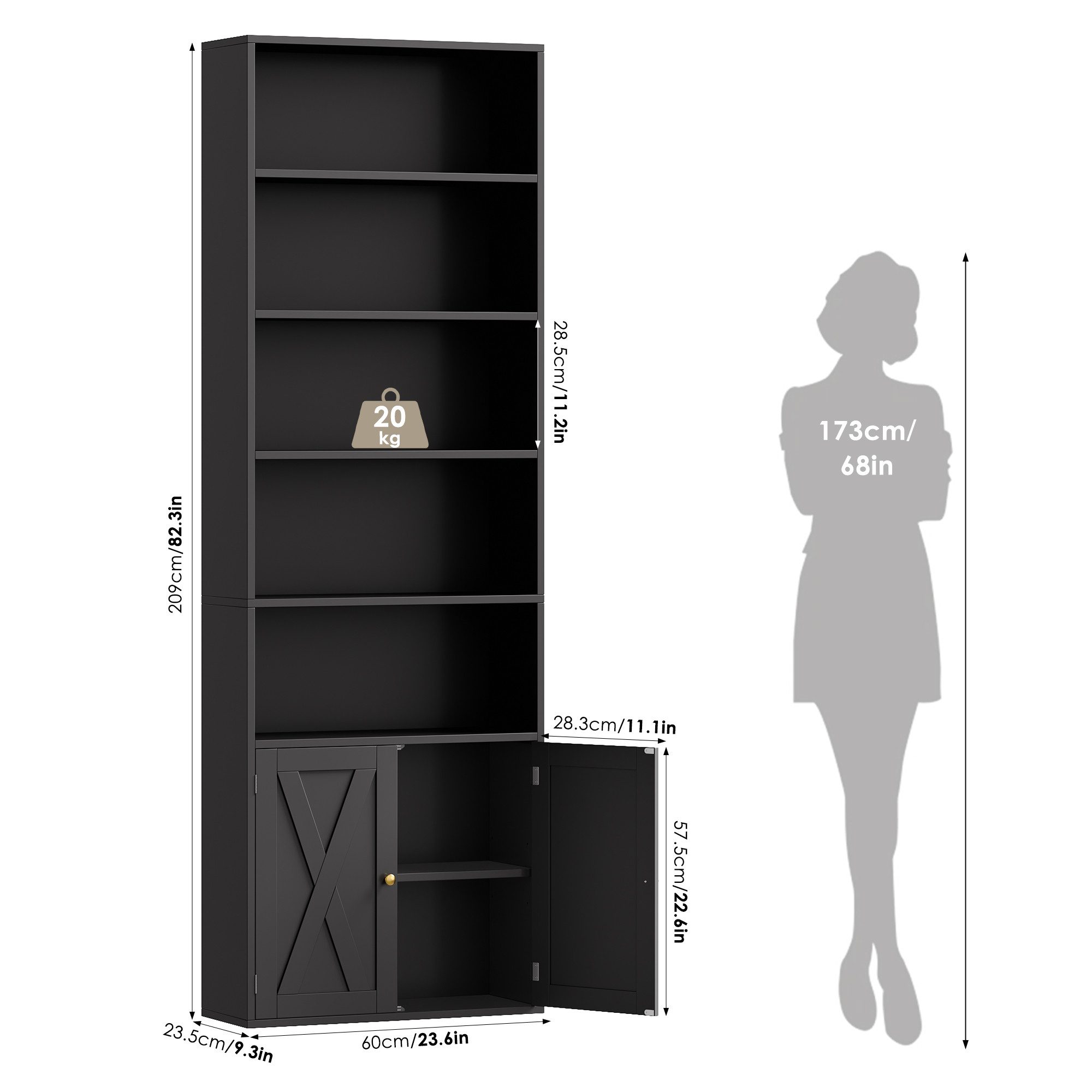 Homfa Bücherregal Standregal Büroregal Bücherschrank, mit 5 offenen Fächern und 2 Türen, verstellbares Regal, 60x23,5x209cm