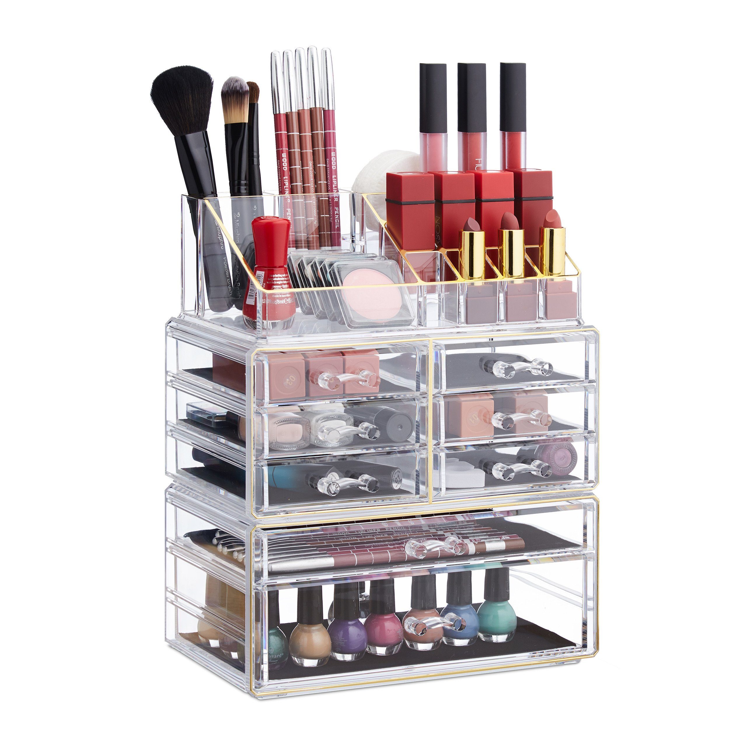 relaxdays Make-Up Organizer mit 8 Schubladen, 3-tlg., Transparent-Gold