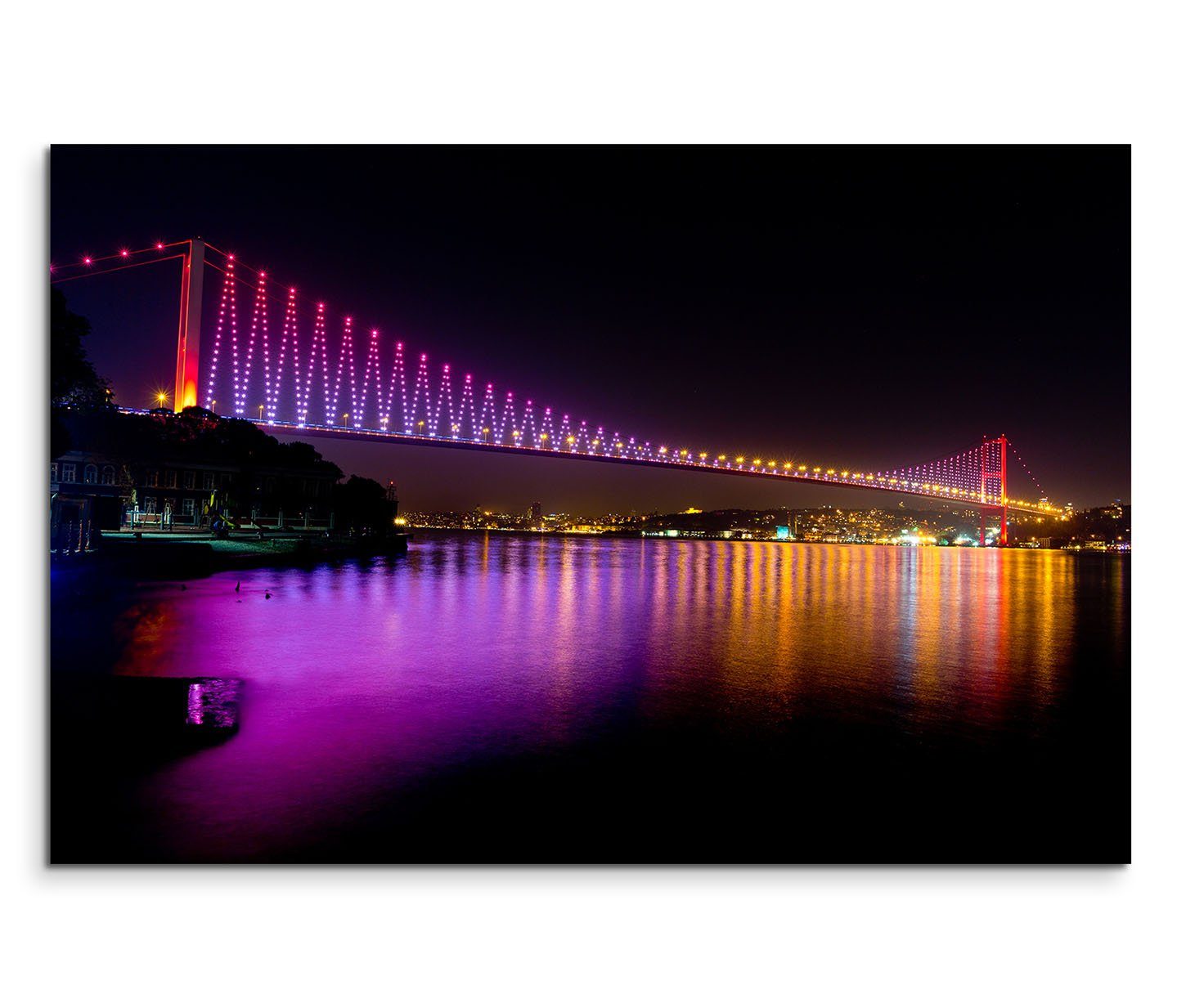 Leinwandbild 120x80cm Wandbild Istanbul Bosporus Brücke Nacht Lichter Reflexion