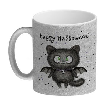 speecheese Tasse Happy Halloween Glitzer-Kaffeebecher mit schwarzer Fledermaus-Katze