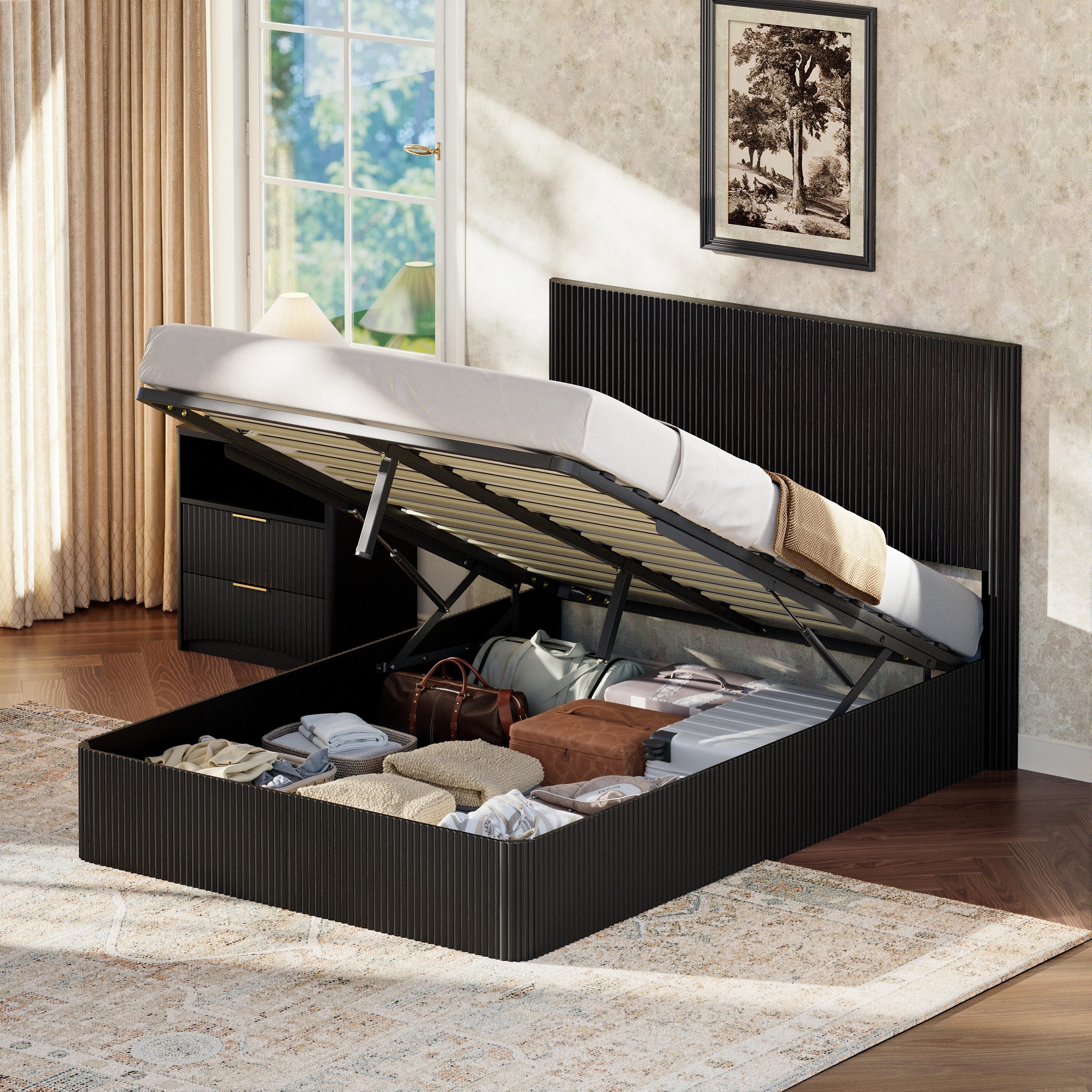 OKWISH Stauraumbett Jugendbett Funktionsbett (mit hydraulischem Lift-System und Rillenoptik, großer Stauraum, stabile Latten, Kinderbett 140x200 cm), ohne Matratze