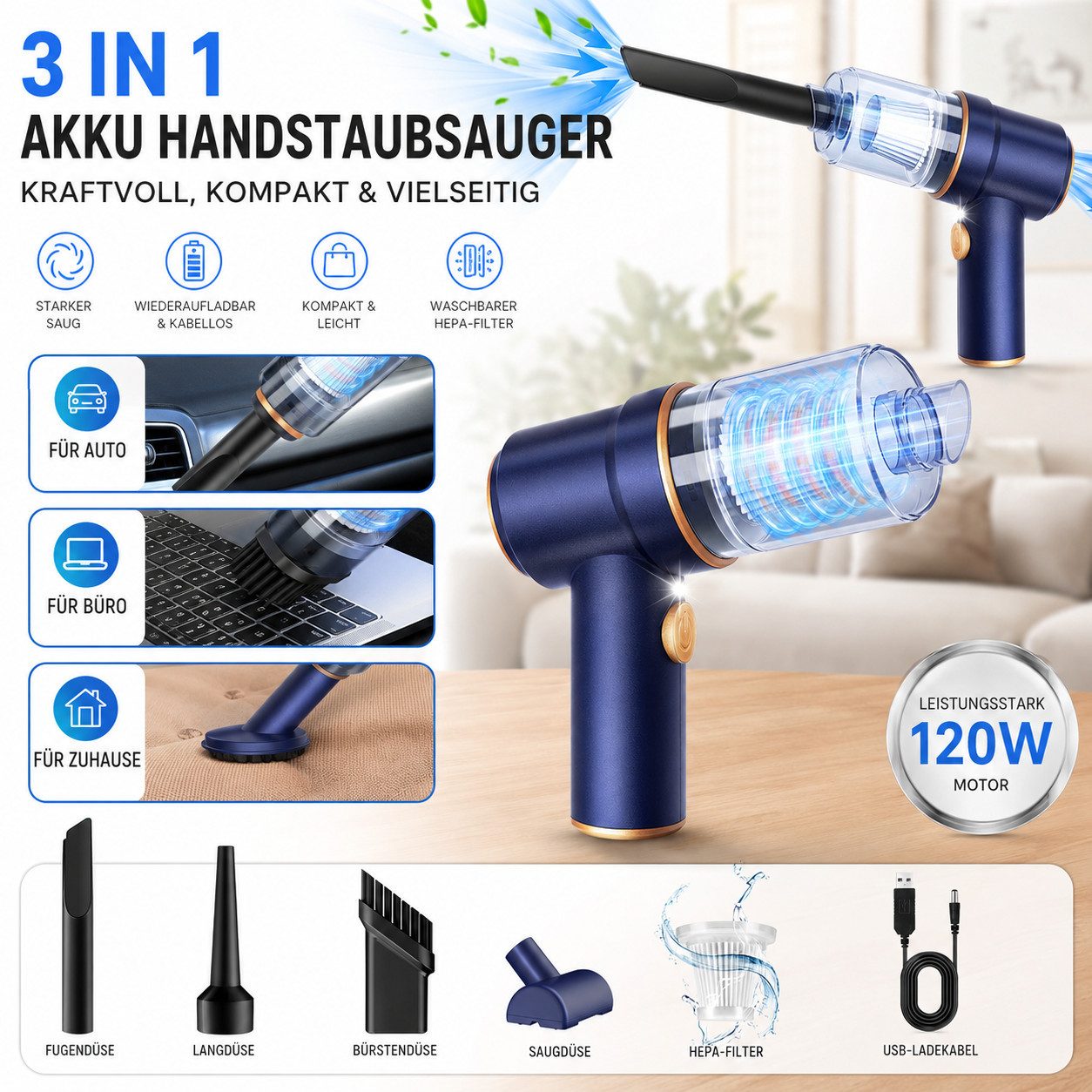 Alpha Electronics Handstaubsauger 3in1 Akku Staubsauger mit Beleuchtung, 120 W, mit Beutel, 5 Aufsätze + Ladekabel, Saug- & Ausblasfunktion