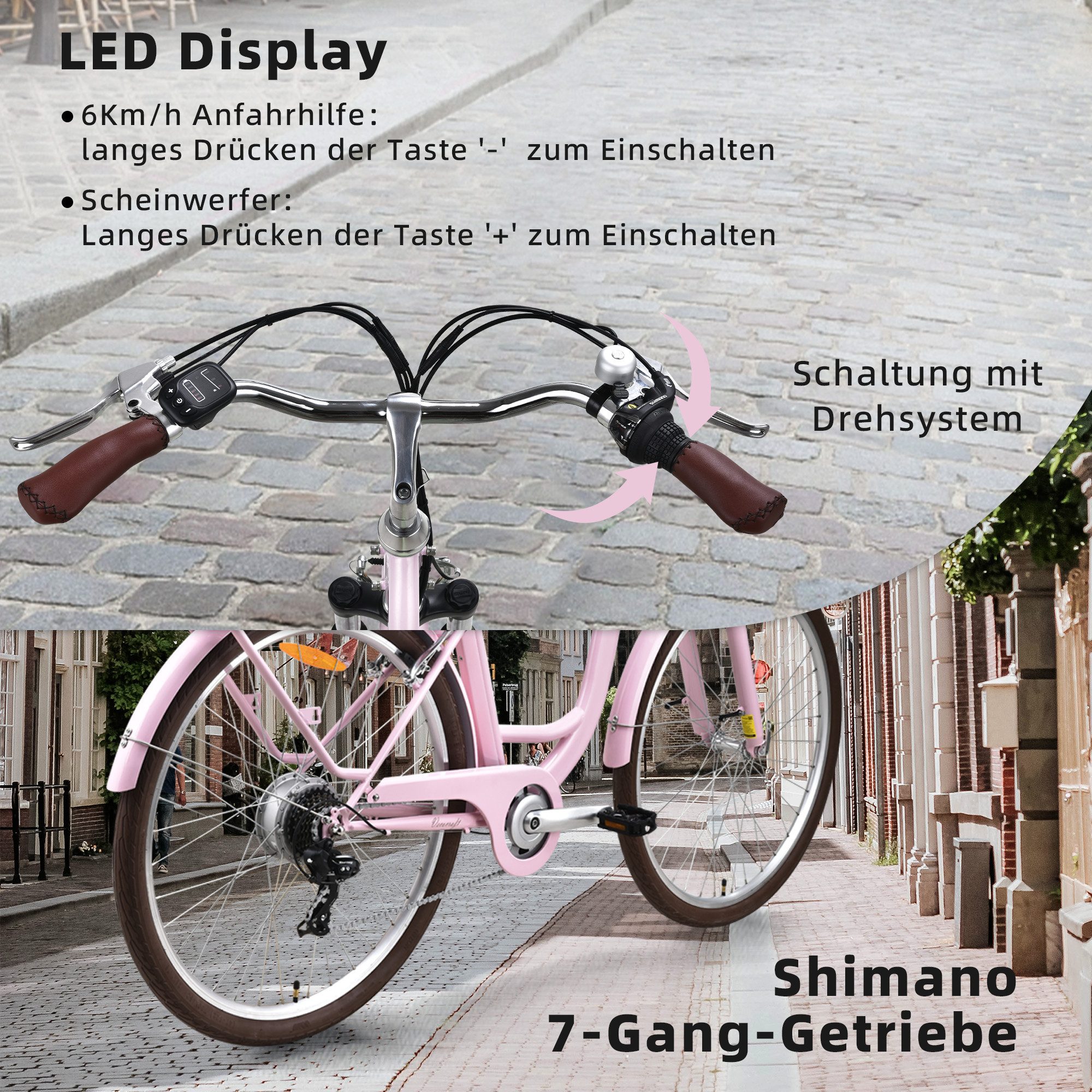 VECOCRAFT E-Bike Cityrad 28’’ Elektrofahrrad 36V 10Ah 80mm Federgabel 40Nm HEBE Ebike Damen, 7 Gang, Heckmotor, 360 Wh, Pedelec Citybike für Damen und Herren