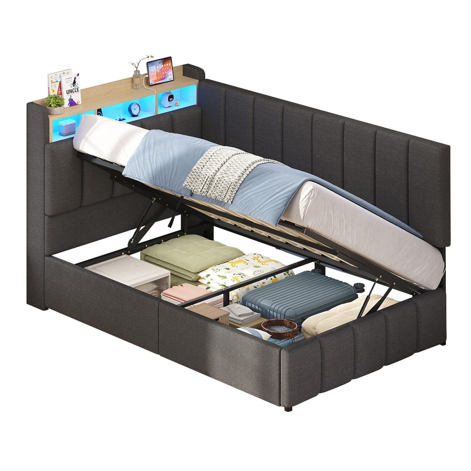 KIMENICH Jugendbett Polsterbett mit LED, Ladestation & Bettkas, Daybett, Schlafsofa (Ohne Matratze), Tagesbett für Schlaf- und Gästezimmer in 90 x 190 cm