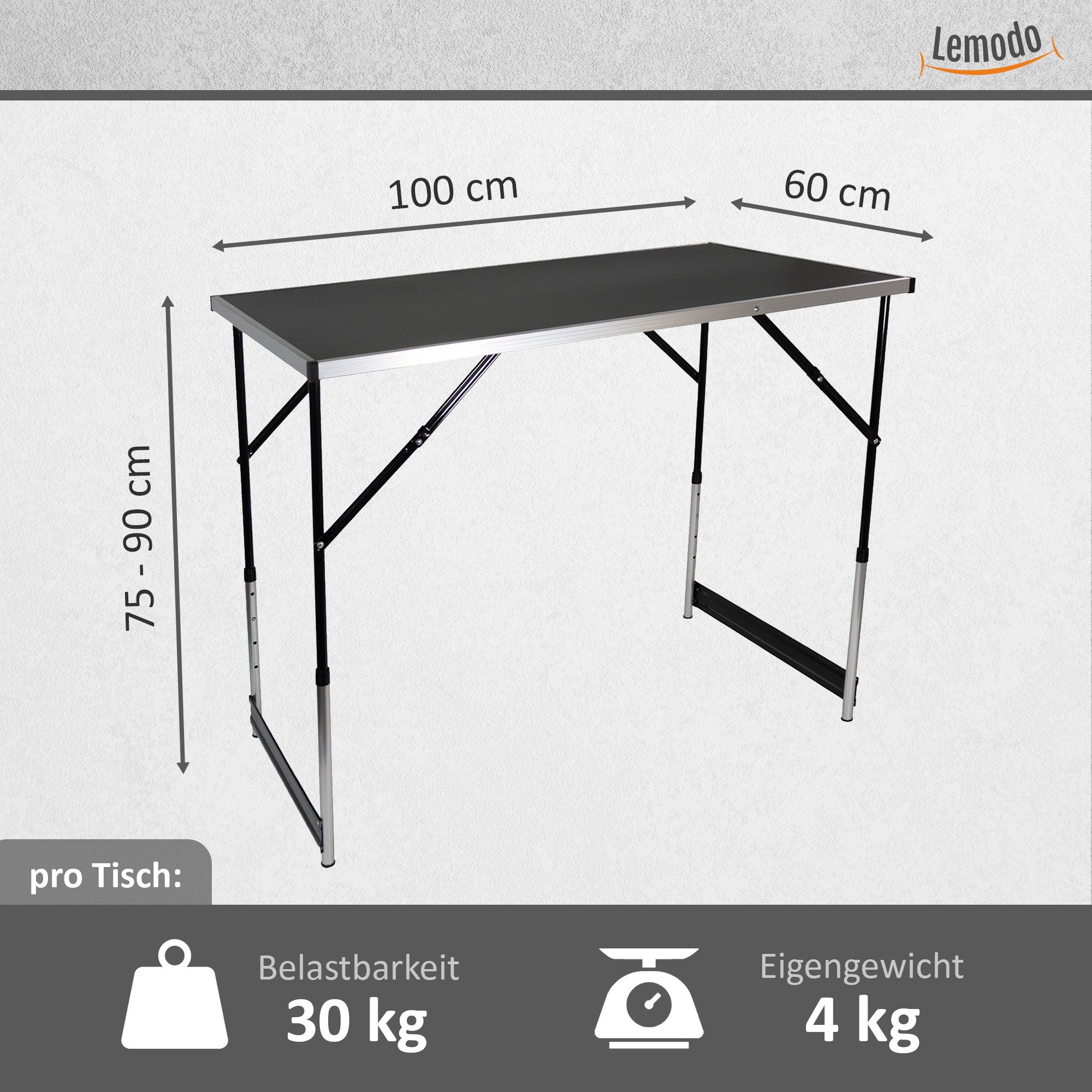 Lemodo Campingtisch Mehrzwecktische mit 50kg Tragkraft, klappbarer Flohmarkttisch, Premium Mehrzwecktisch 3-teilig, höhenverstellbar