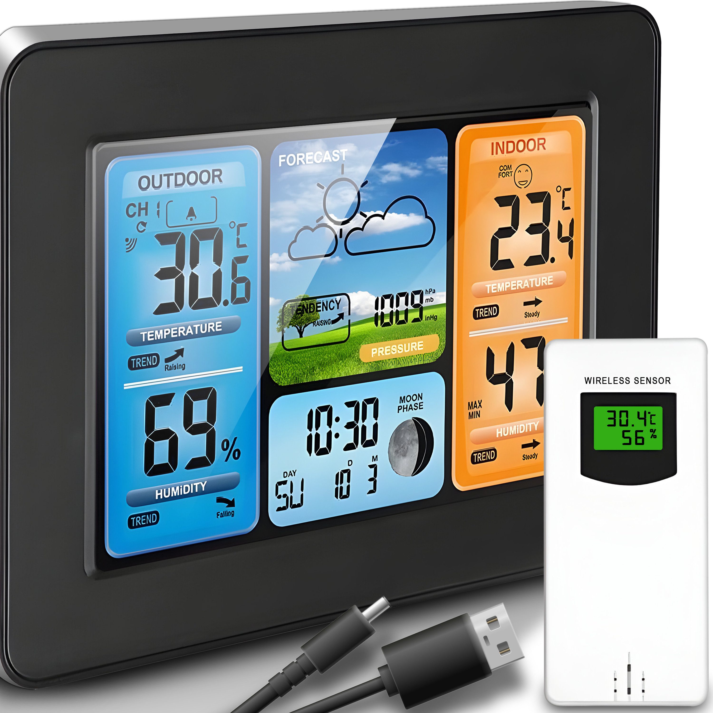 Retoo Funk mit Außensensor Thermometer Hygrometer Farbdisplay Wetterstation (Wettervorhersage Modern und praktisch Großes und lesbares LCD-Display)