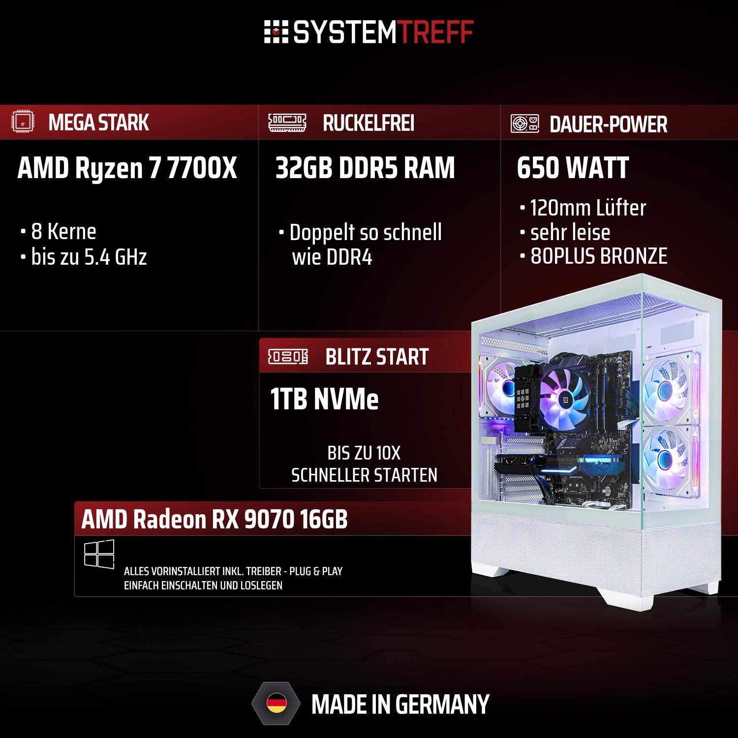 SYSTEMTREFF AMD Ryzen 7 7700X mit AMD Radeon RX 9070 16GB Gaming-PC (AMD 7700X 7700X, Radeon RX 9070, 32 GB RAM, 1000 GB SSD, Luftkühlung)