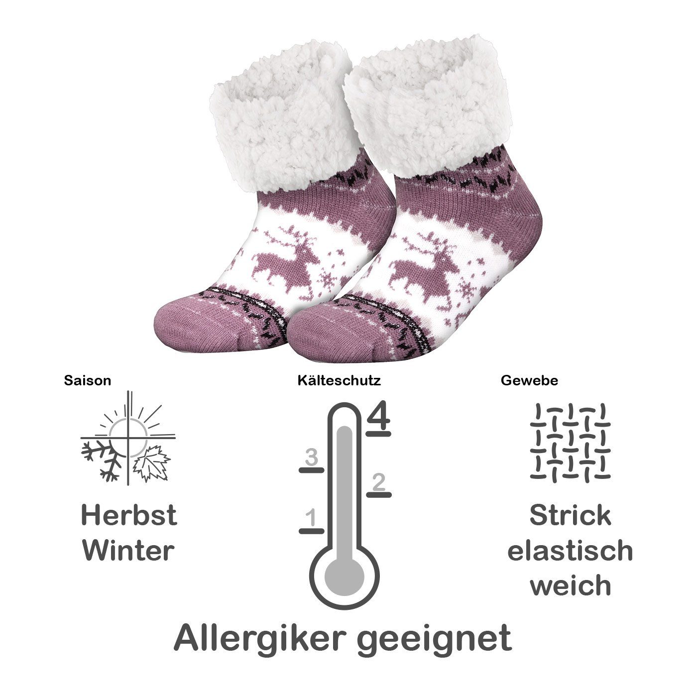 compagno Kuschelsocken (1-Paar) Noppensocken Damen Rentiere Wintersocken Sohle Socken Einheitsgröße Kuschelsocken Rutsch 1 grau Herren Paar Anti