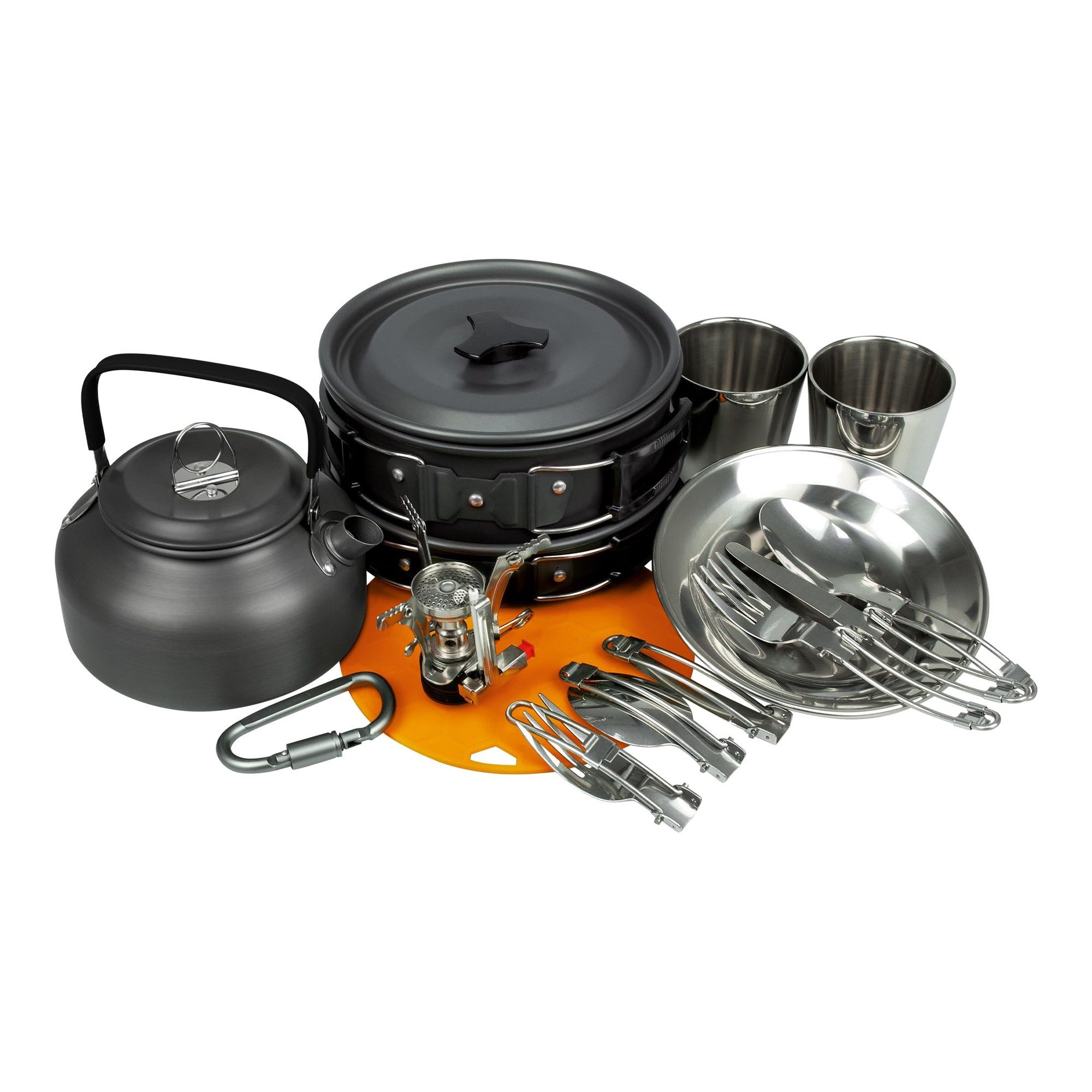 Black Snake Geschirr-Set Camping Kochset mit Gaskocher Tellern Bechern und Schneidunterlage (14-tlg), 2 Personen, Aluminium, Kochgeschirr mit Topf samt Pfanne und Kessel im Netzbeutel ca. 1,1 kg