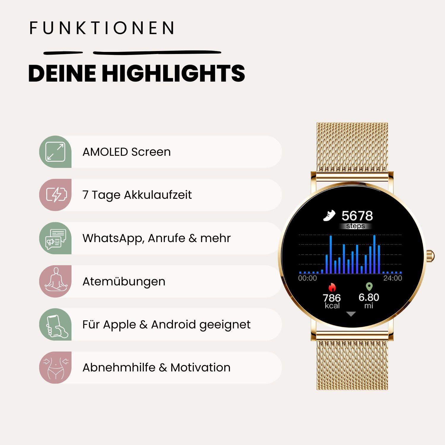 XCOAST SIONA 2 Damen Smartwatch (4,2 cm/1,3 Zoll, iOS Android) classic gold, Fitness Tracker, AMOLED, Blutsauerstoffmesser, 3-tlg., neueste Generation, Wasserdicht, ultra flach, Puls, Blutdruck, brillante Farben