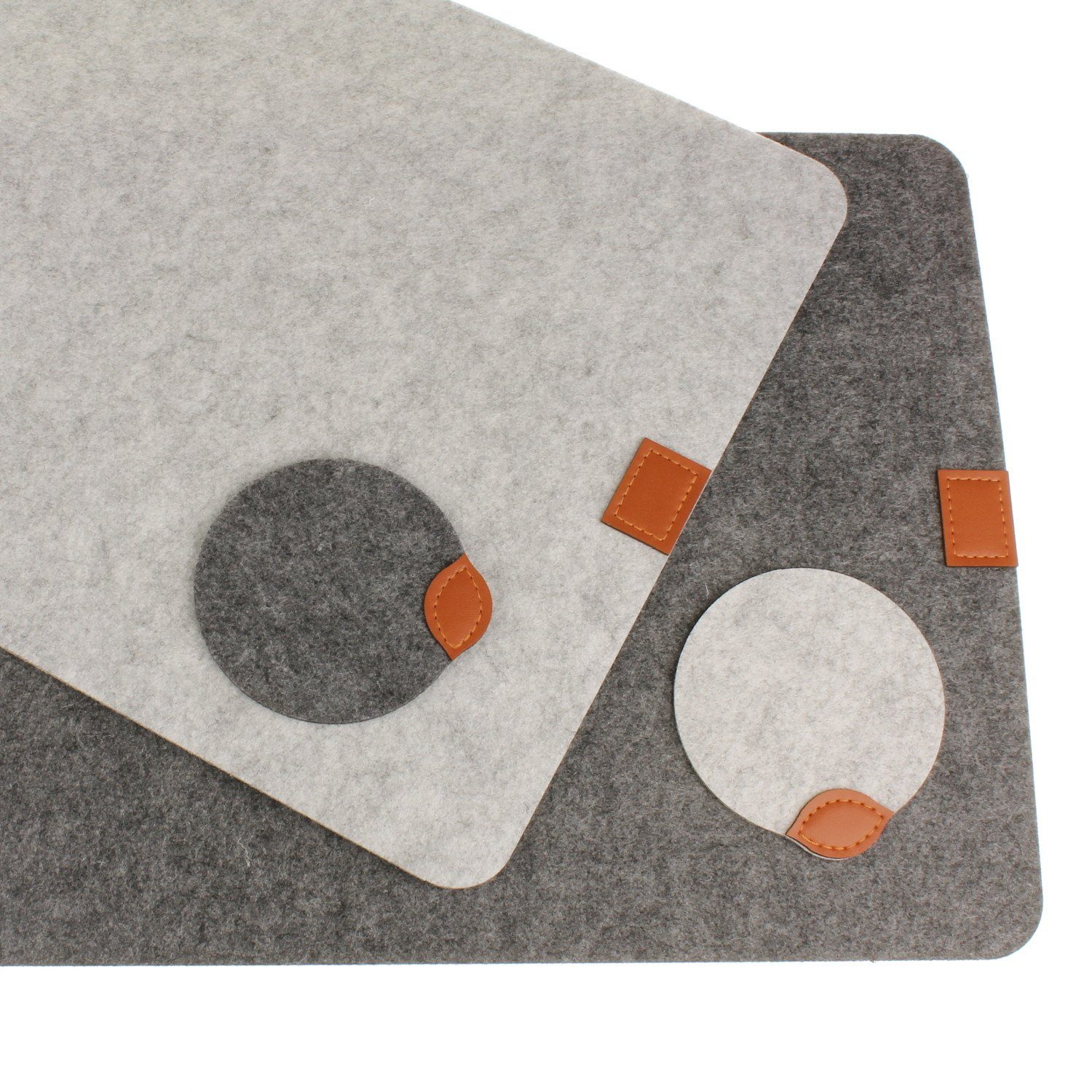 Macosa Home Platzset Platzsets für Esstisch Filz 4er Set Grau mit Leder 33x45 cm, (Set, 4-St), Tischset, Platzdeckchen, Platzmatte, Untersetzer, Tischdeko