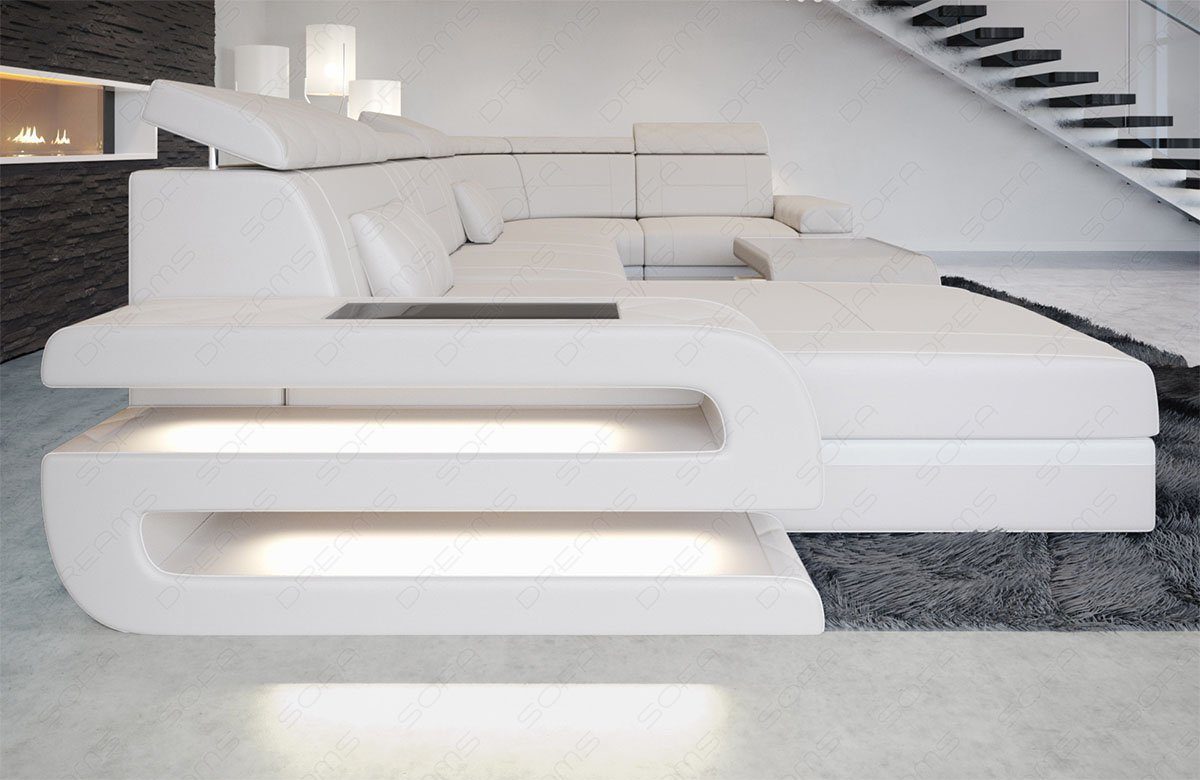 Schlafsofa, Dreams mit Wohnlandschaft Sofa Sofa wahlweise LED, mit als U Bologna Form Couch, Designersofa Ledersofa, Leder Bettfunktion