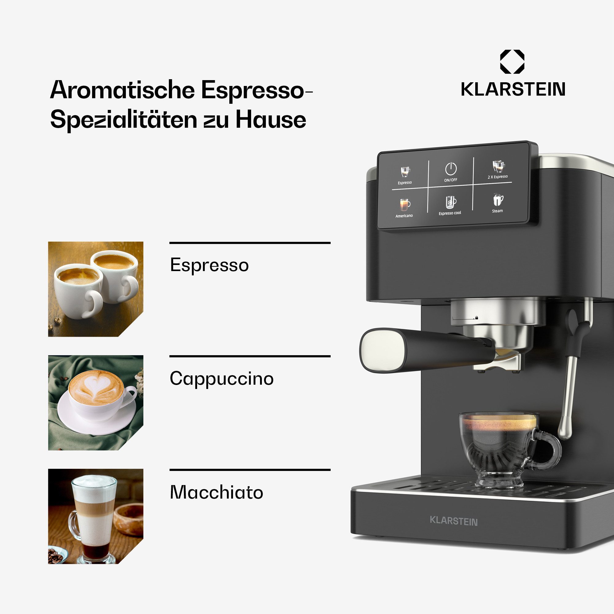 Klarstein Espressomaschine, 1.5l Kaffeekanne, Edelstahlfilter, Elektrisch 20 Bar Espressomaschine Kaffemaschine Touch