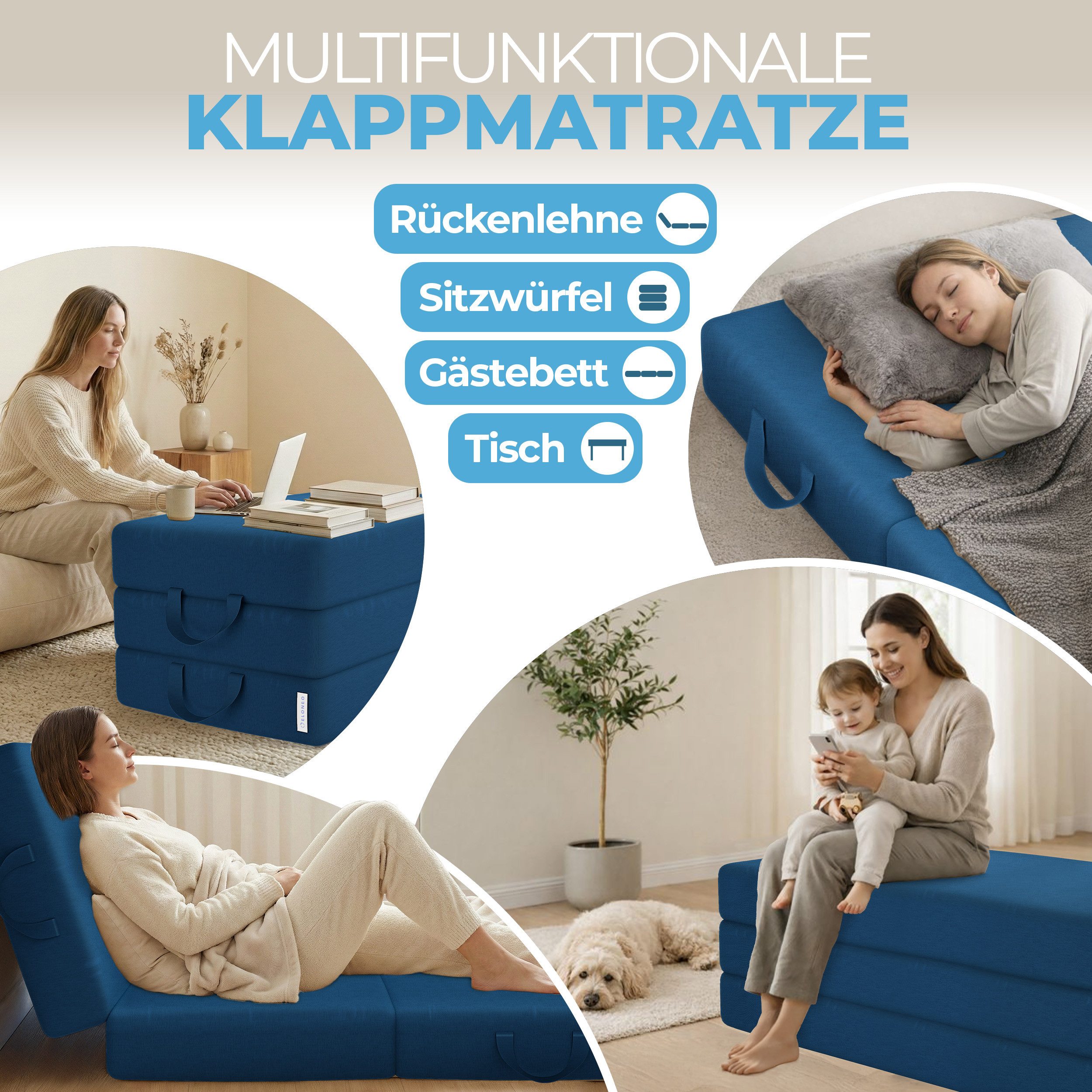 Klappmatratze 3-teilig, Gästematratze mit extra dickem Schaumstoff, ELONEO, 15 cm hoch, waschbarer Bezug, geeignet für Hausstauballergiker, schadstoffgeprüft