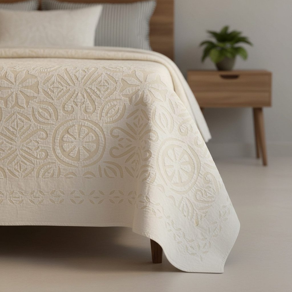 Indradanush Tagesdecke Tagesdecke Bettüberwurf Cutwork creme weiß, handgefertigt, extra groß doppellagig, 170x270cm