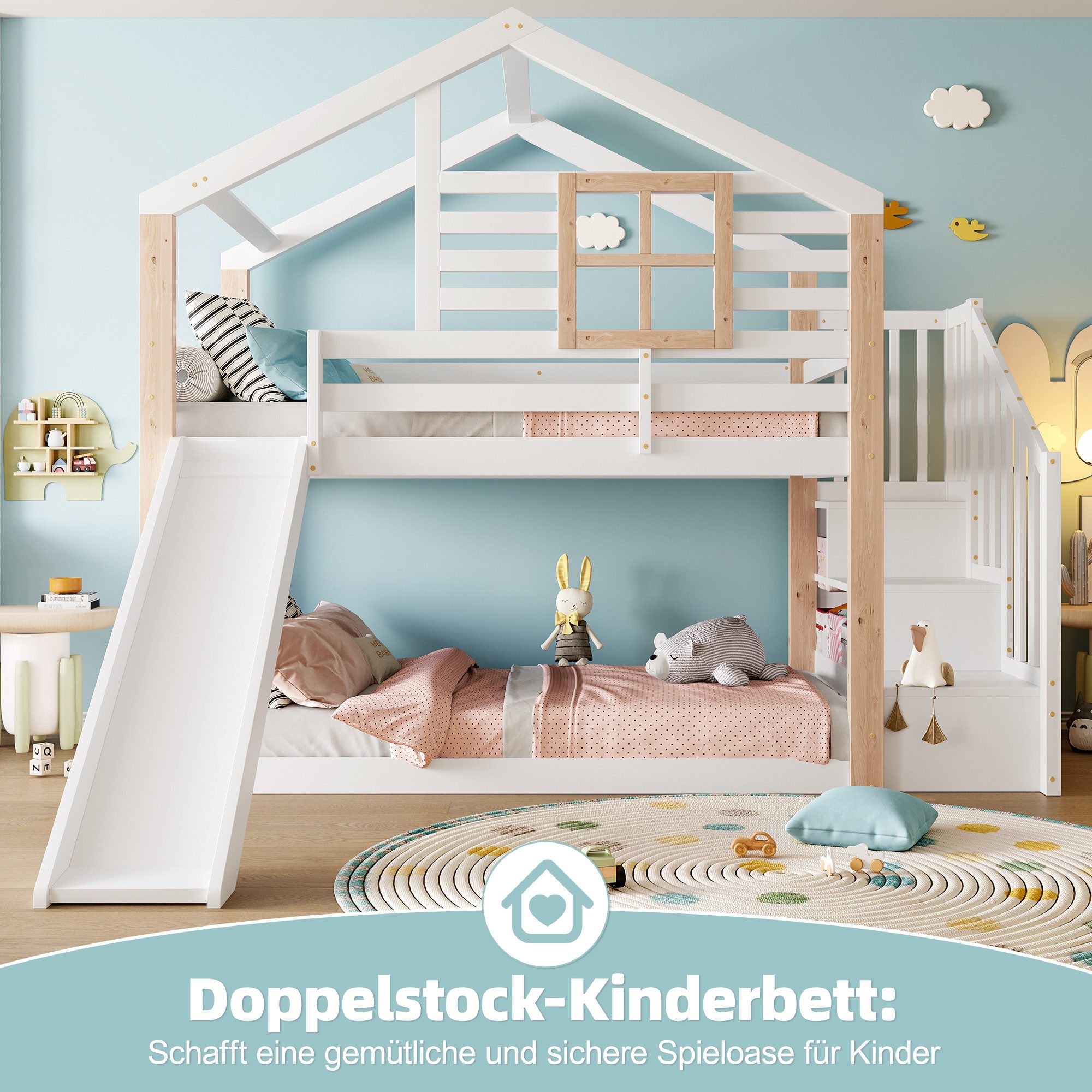 MODFU Etagenbett mit Rutsche & Treppe aus Massivholz (Kinderbett Holzbett, günstig online kaufen