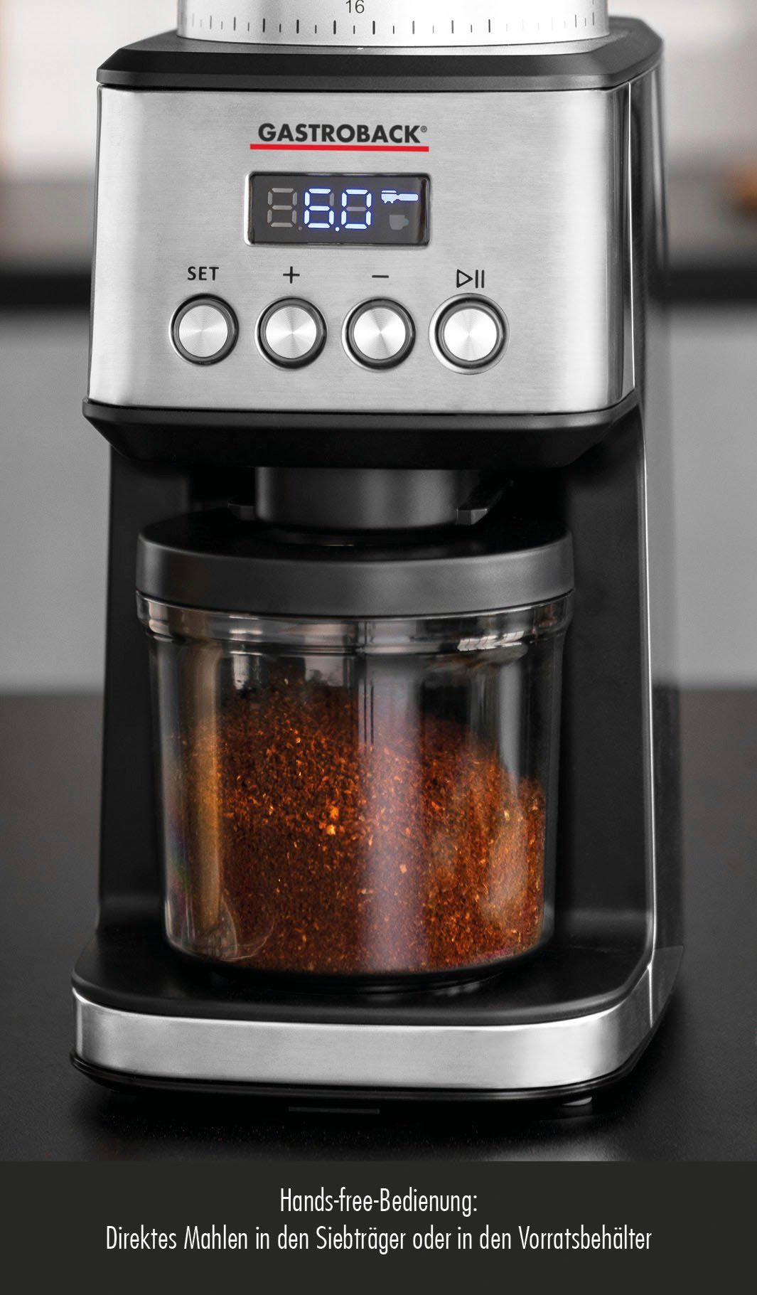 Gastroback Kaffeemühle 42643 Kegelmahlwerk, 320 Digital, g W, Bohnenbehälter 180 Design