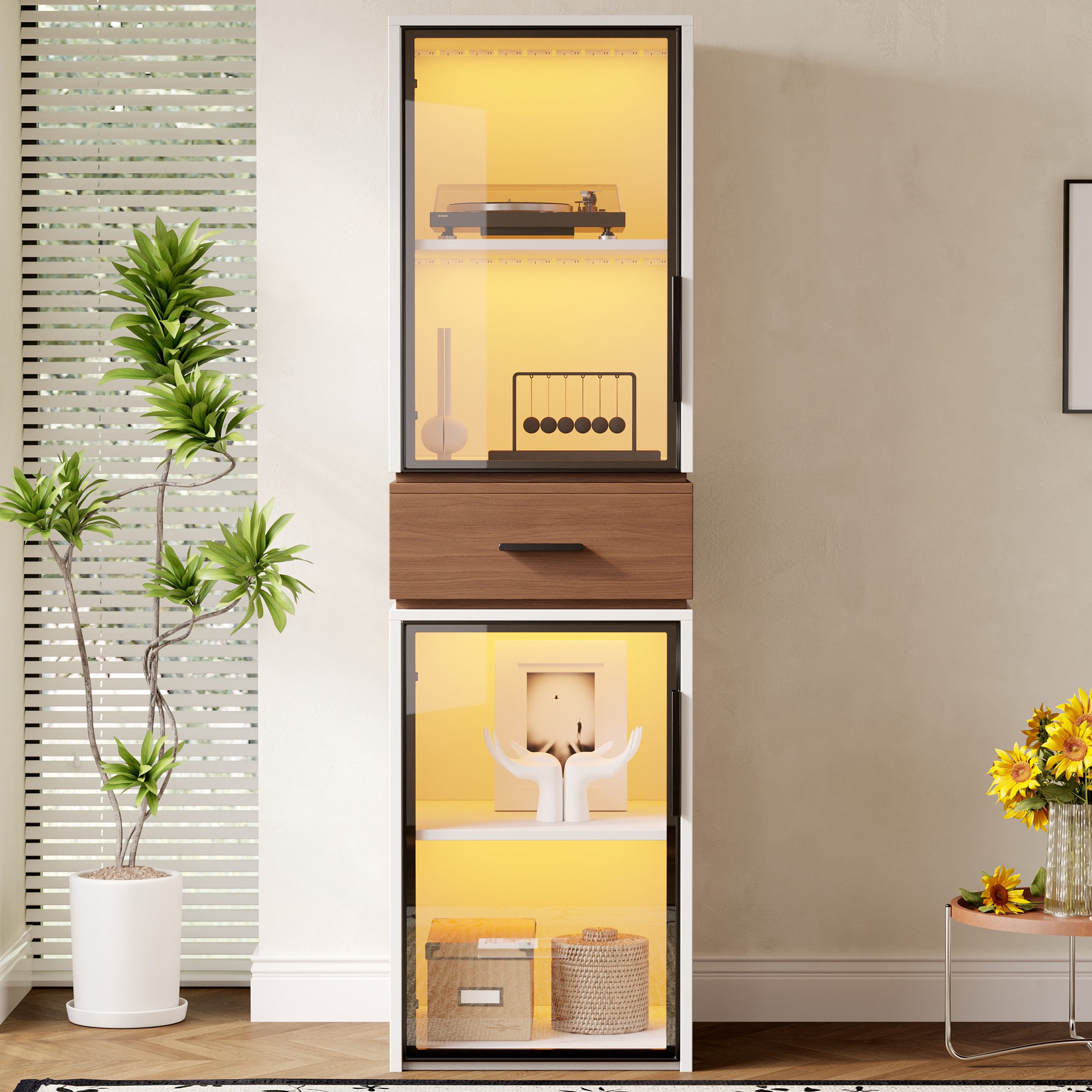 Fine Life Pro Standvitrine Schlanke Glasvitrine 40×40×200 cm – Weiß + Walnussoptik mit LED